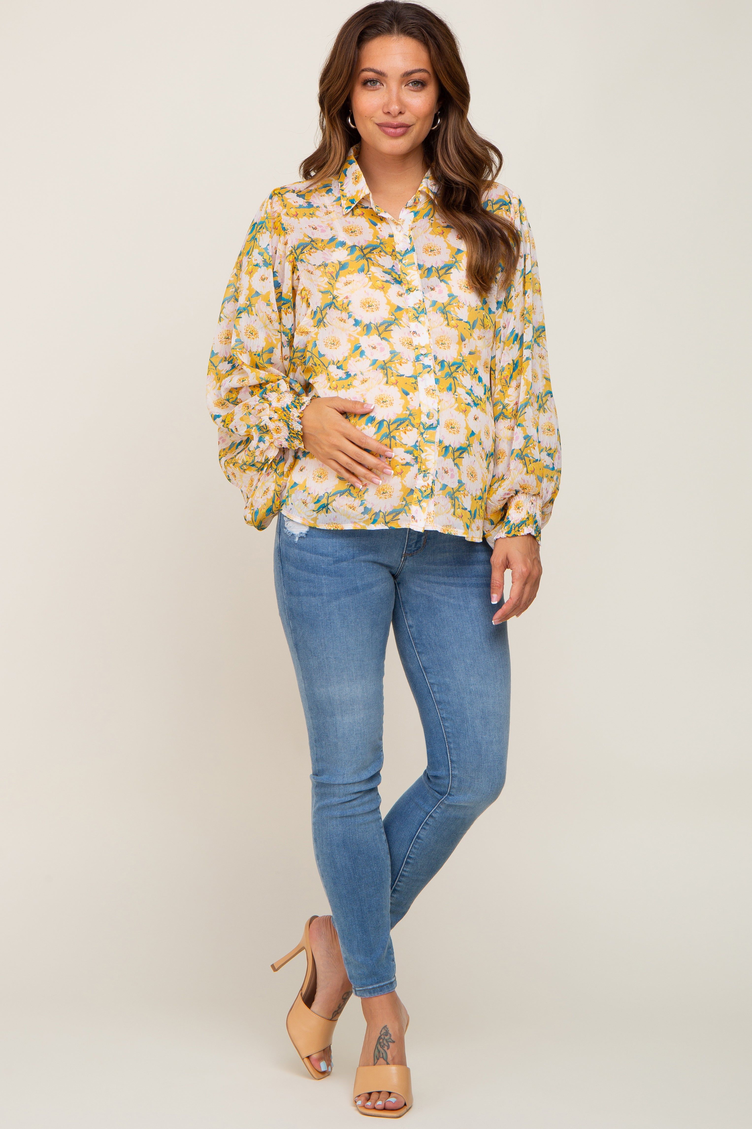 Yellow Floral Button Up Maternity Blouse sold by Pinkblush product image thumbnail 4