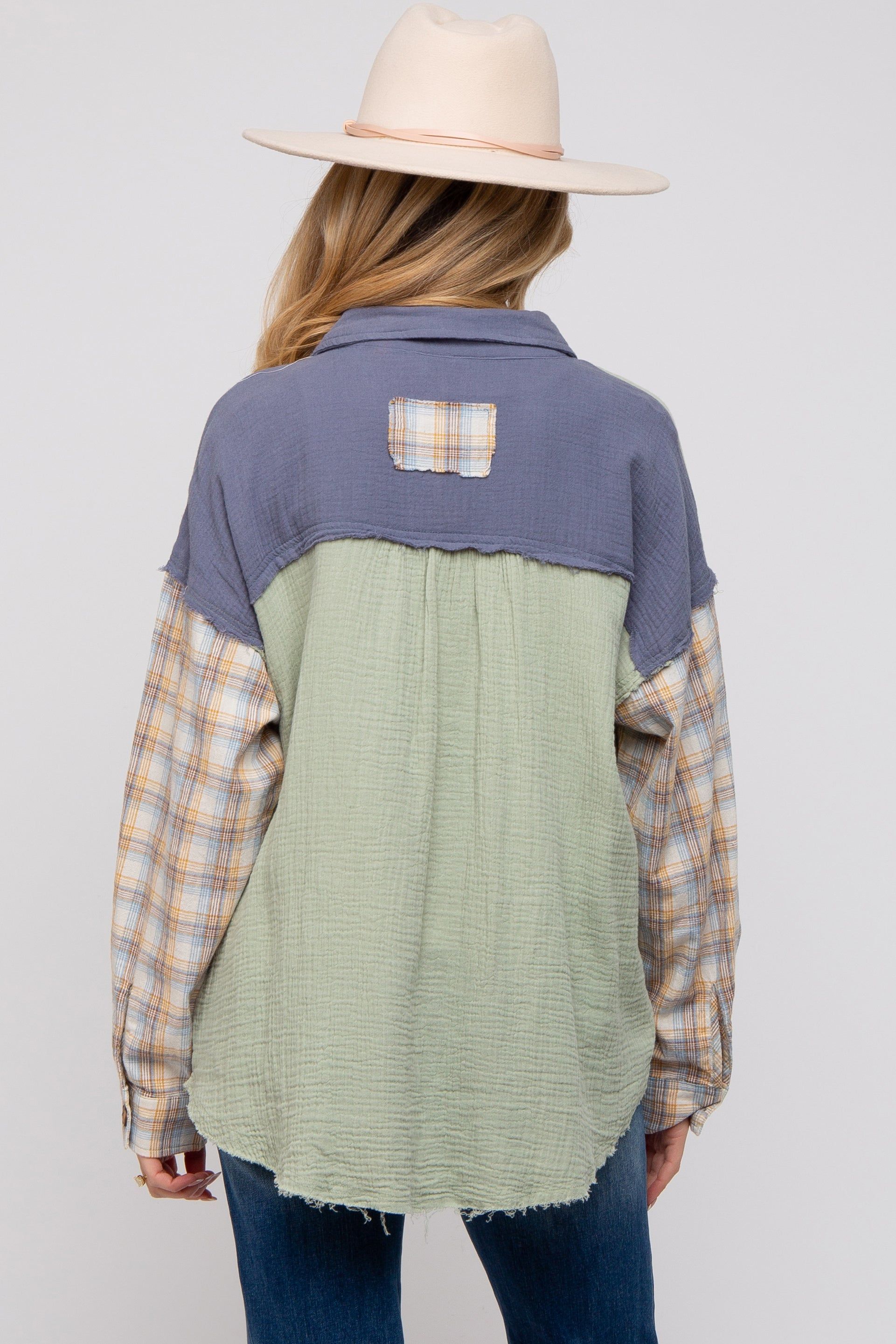 Light Olive Gauze Plaid Mix Button Up Maternity Top sold by Pinkblush product image thumbnail 3