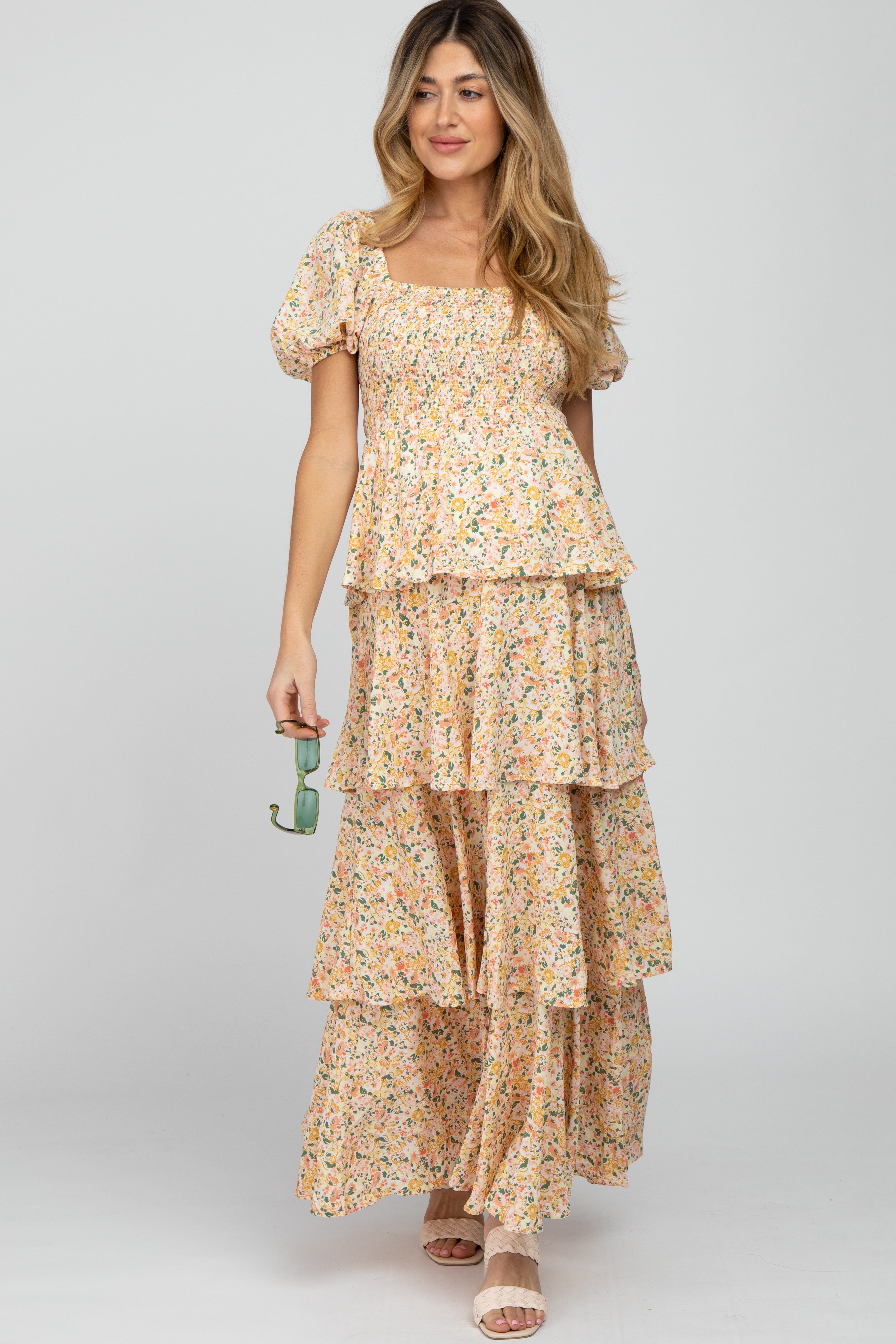 Yellow Floral Square Neck Ruffle Layered Maternity Maxi Dress sold by Pinkblush product image thumbnail 3