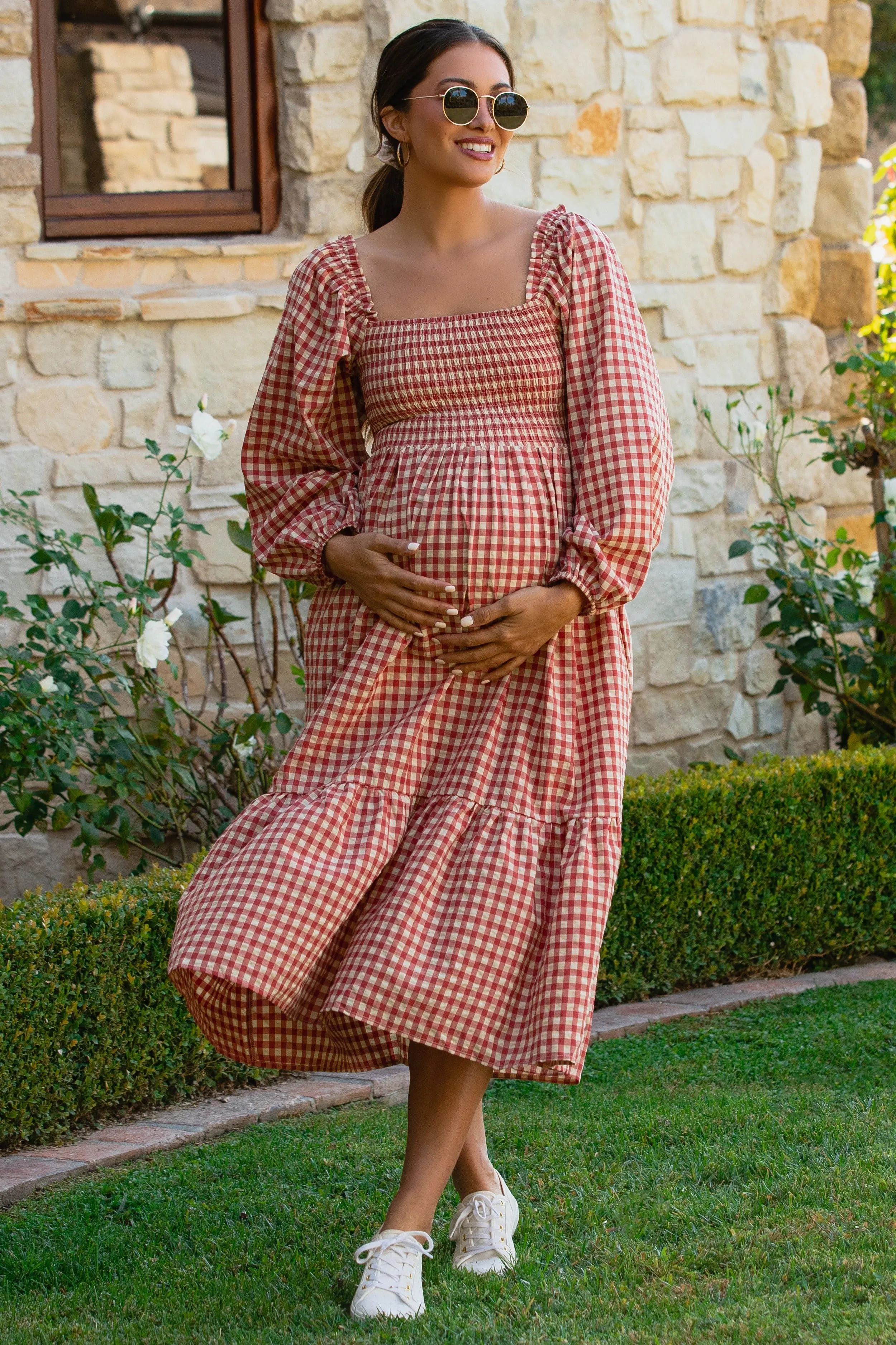 Rust Gingham Long Sleeve Maternity Midi Dress sold by Pinkblush product image thumbnail 4