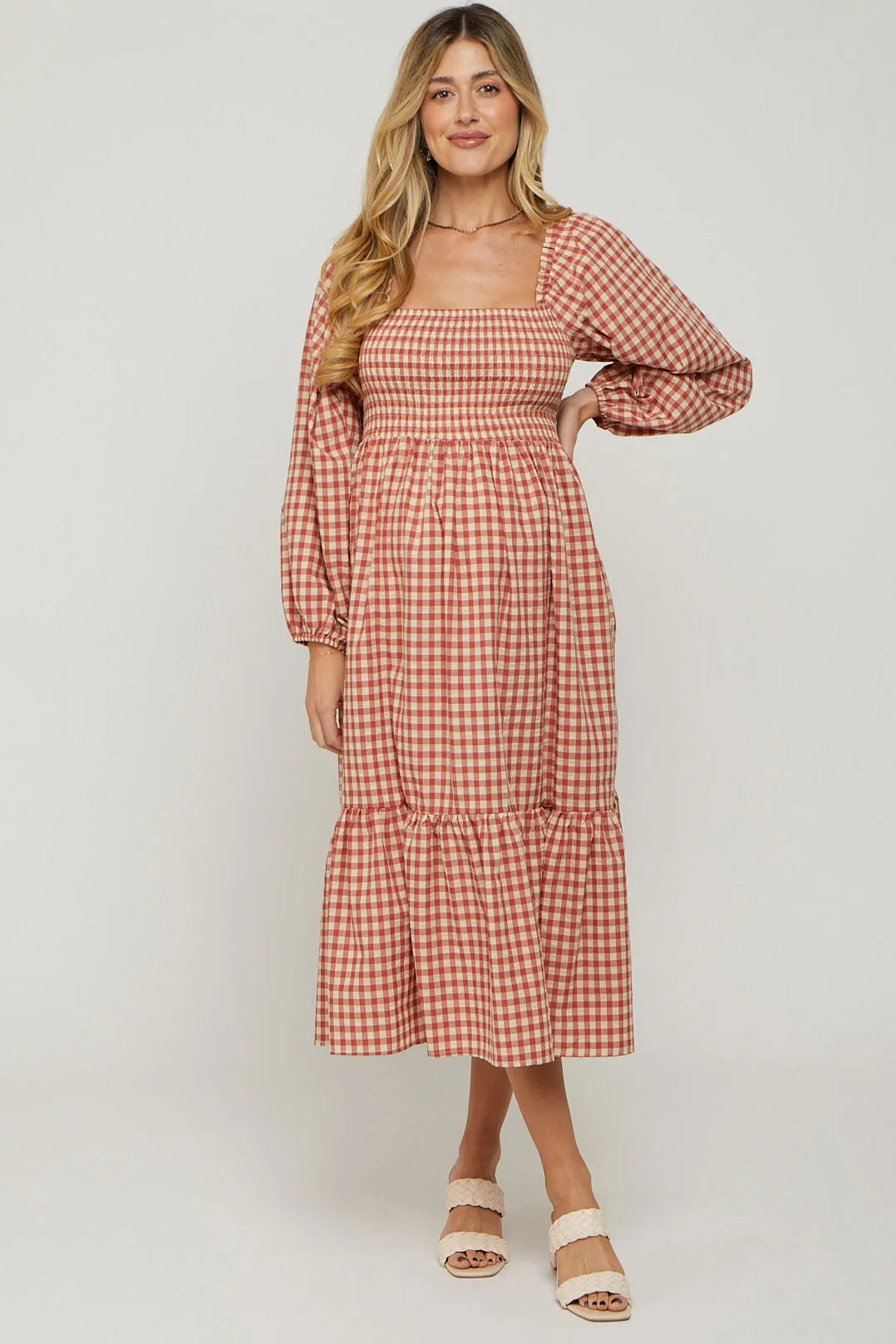Rust Gingham Long Sleeve Maternity Midi Dress sold by Pinkblush