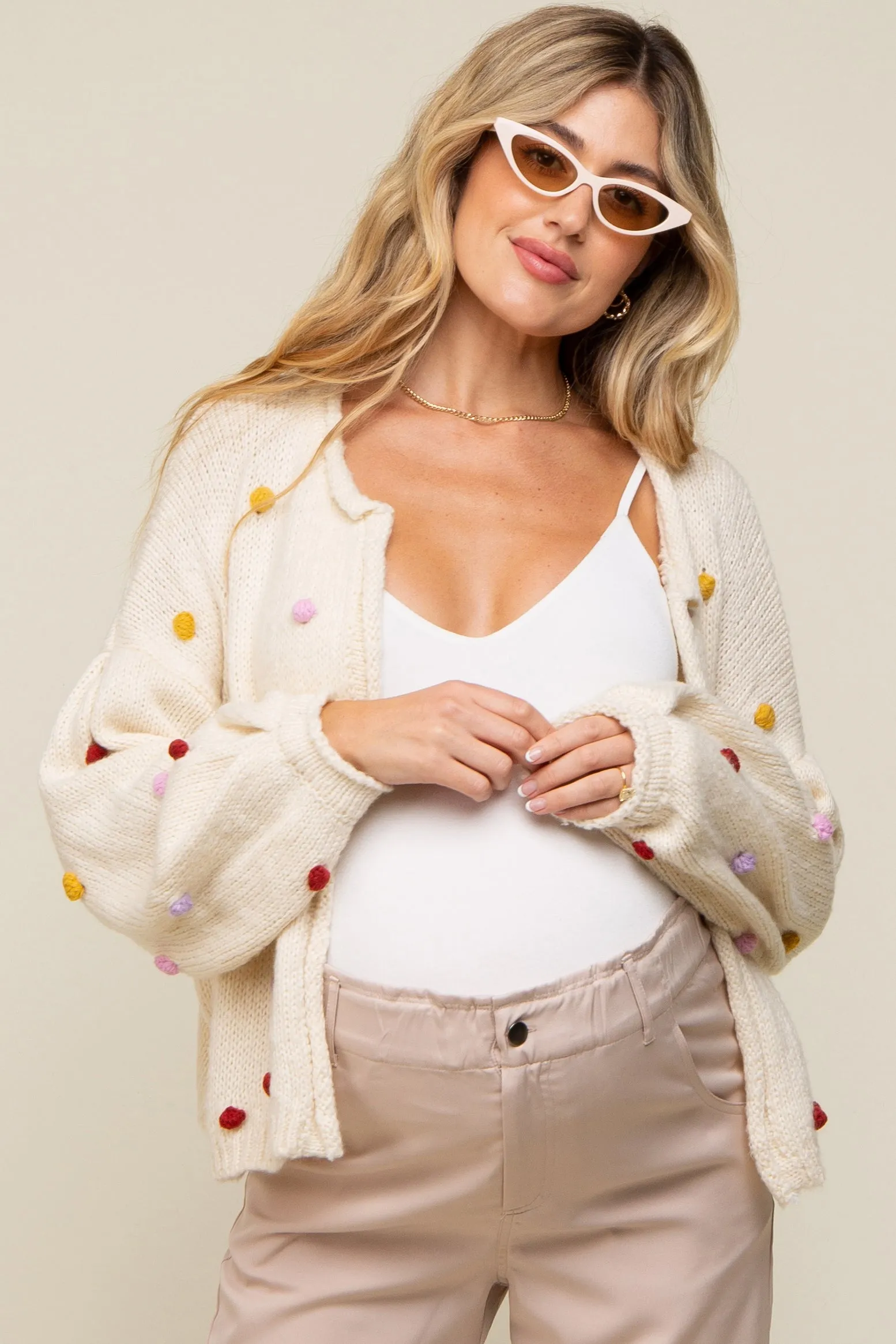 Beige PomPom Maternity Cardigan sold by Pinkblush