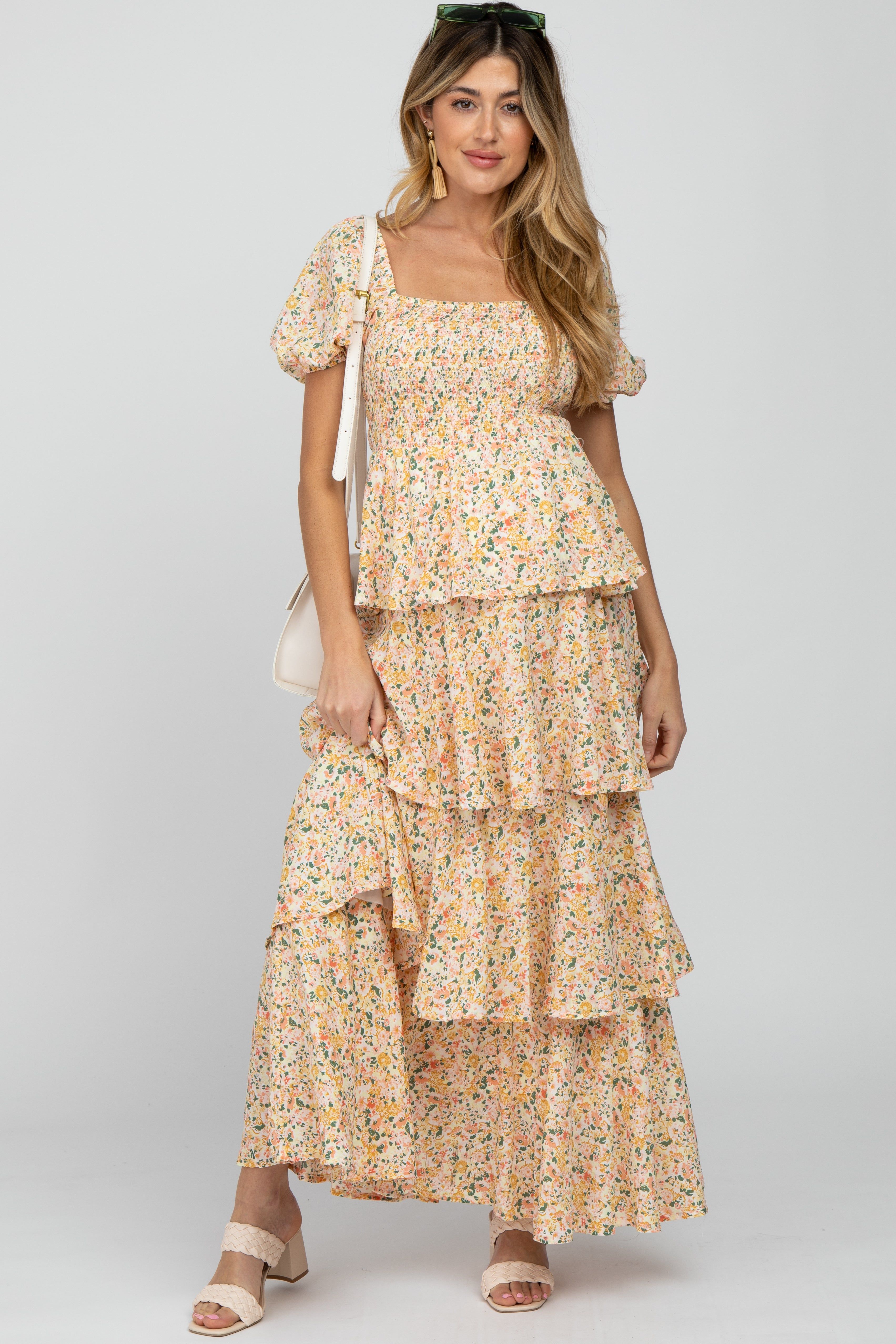 Yellow Floral Square Neck Ruffle Layered Maternity Maxi Dress sold by Pinkblush