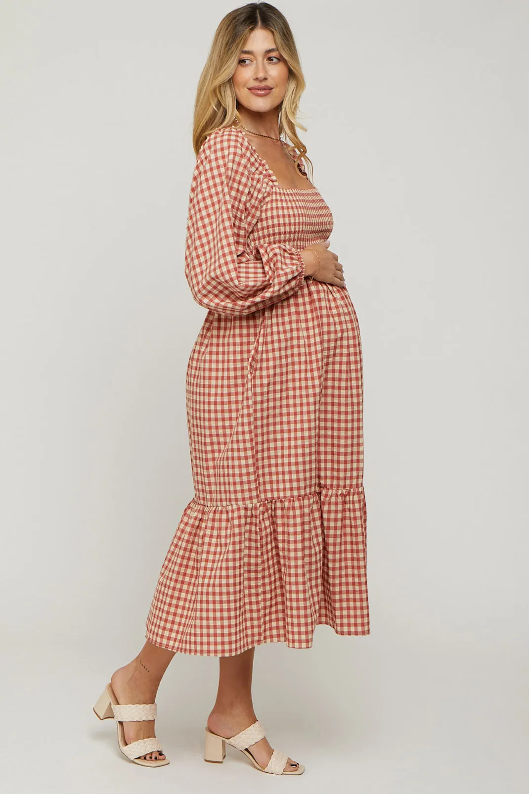 Rust Gingham Long Sleeve Maternity Midi Dress sold by Pinkblush product image thumbnail 2