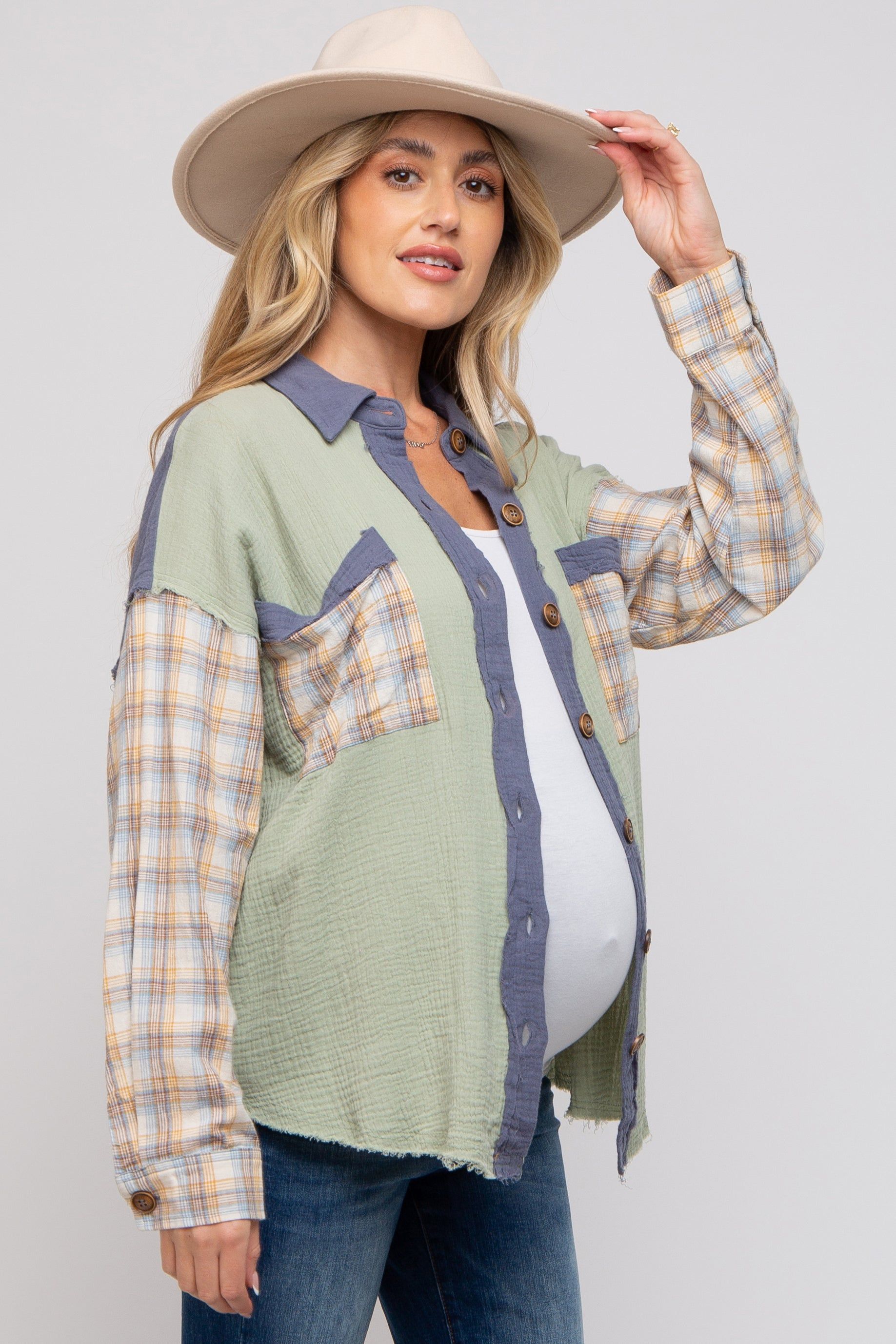 Light Olive Gauze Plaid Mix Button Up Maternity Top sold by Pinkblush product image thumbnail 2