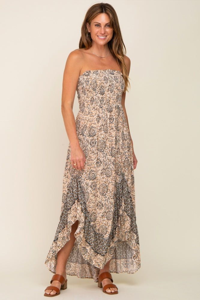 Taupe Floral Asymmetrical Maxi Dress sold by Pinkblush