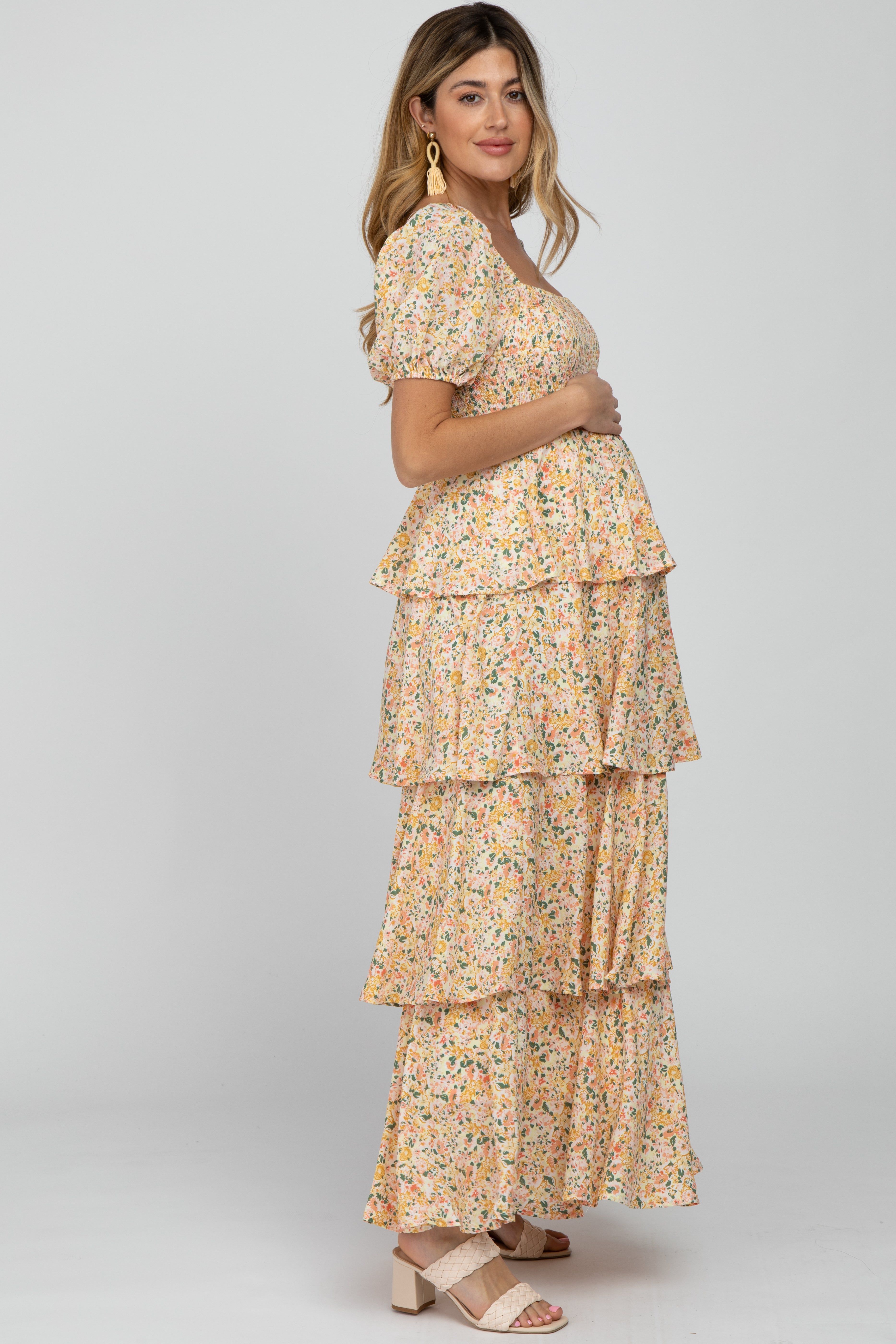 Yellow Floral Square Neck Ruffle Layered Maternity Maxi Dress sold by Pinkblush product image thumbnail 5