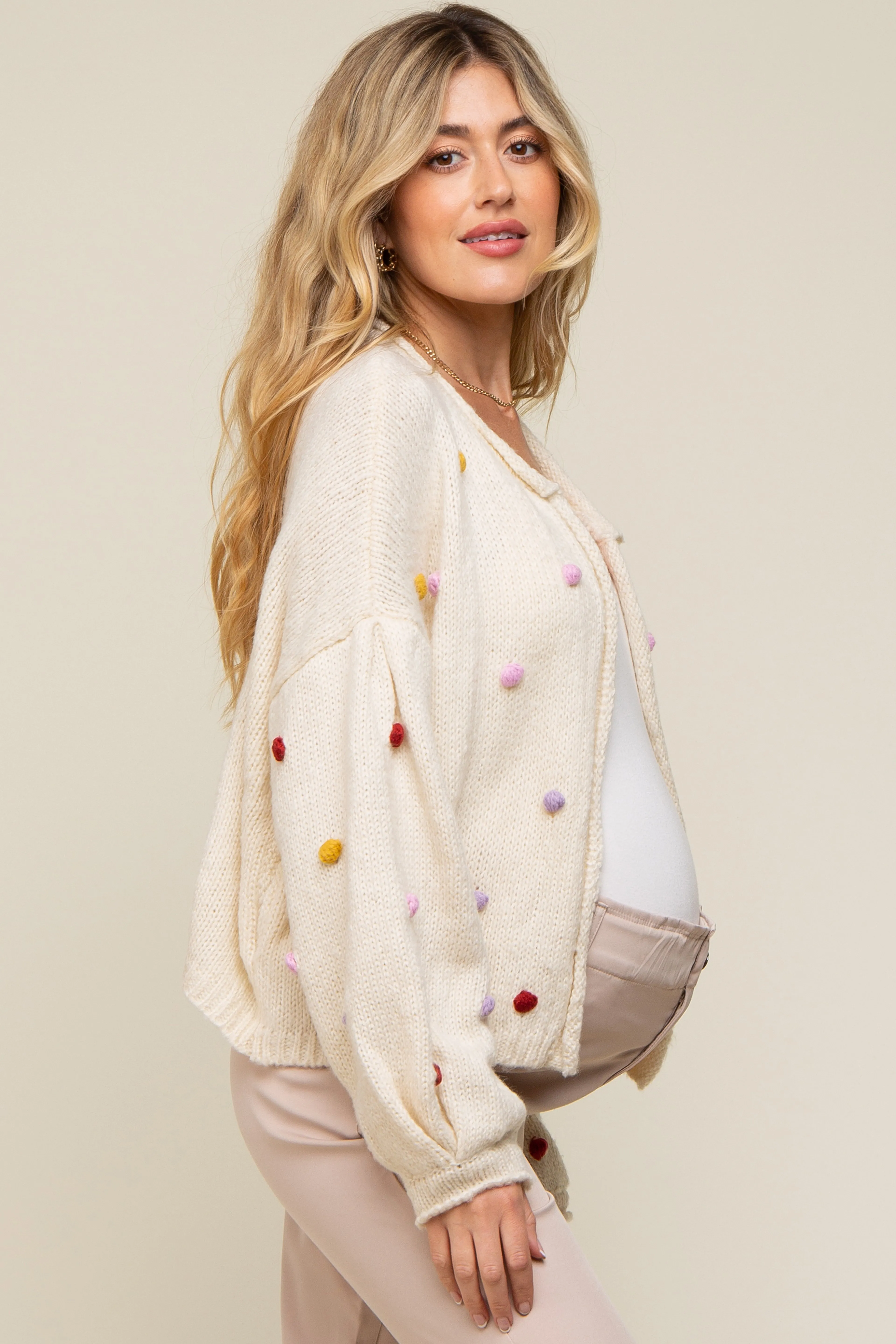 Beige PomPom Maternity Cardigan sold by Pinkblush product image thumbnail 2