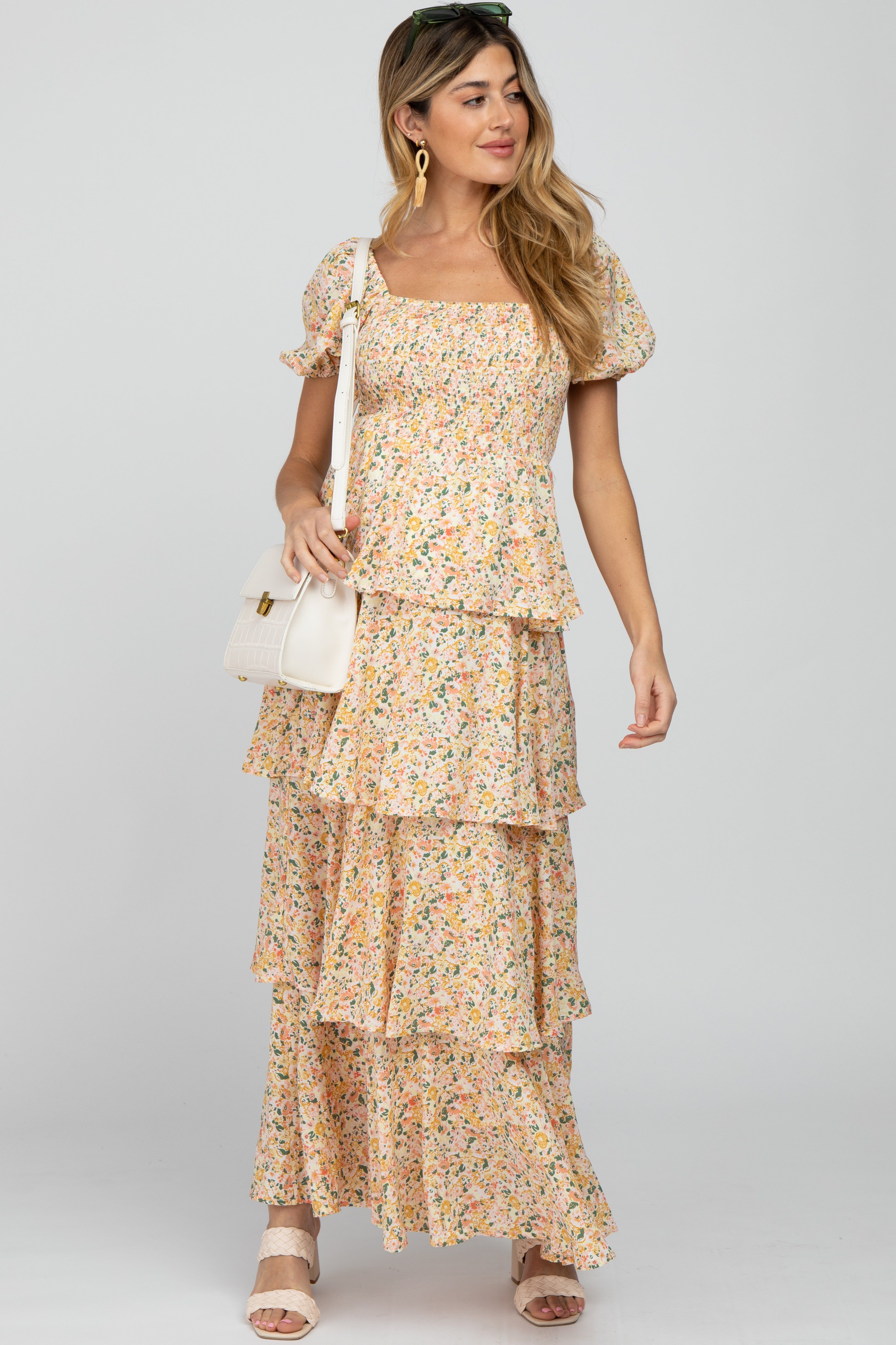 Yellow Floral Square Neck Ruffle Layered Maternity Maxi Dress sold by Pinkblush product image thumbnail 2