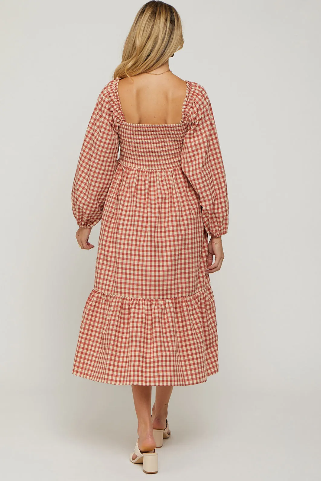 Rust Gingham Long Sleeve Maternity Midi Dress sold by Pinkblush product image thumbnail 3