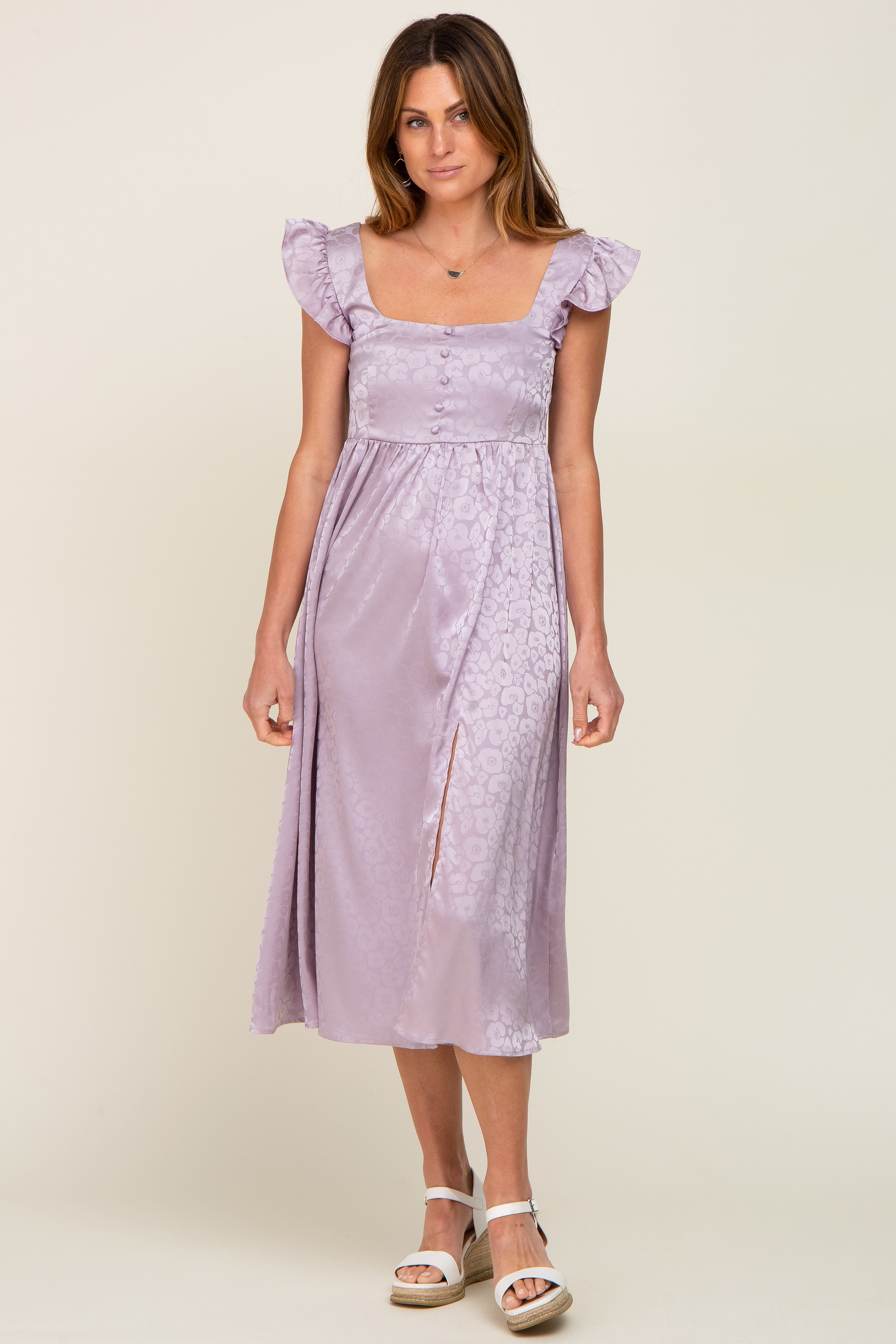 Lavender Satin Floral Square Neck Ruffle Strap Midi Dress sold by Pinkblush product image thumbnail 4