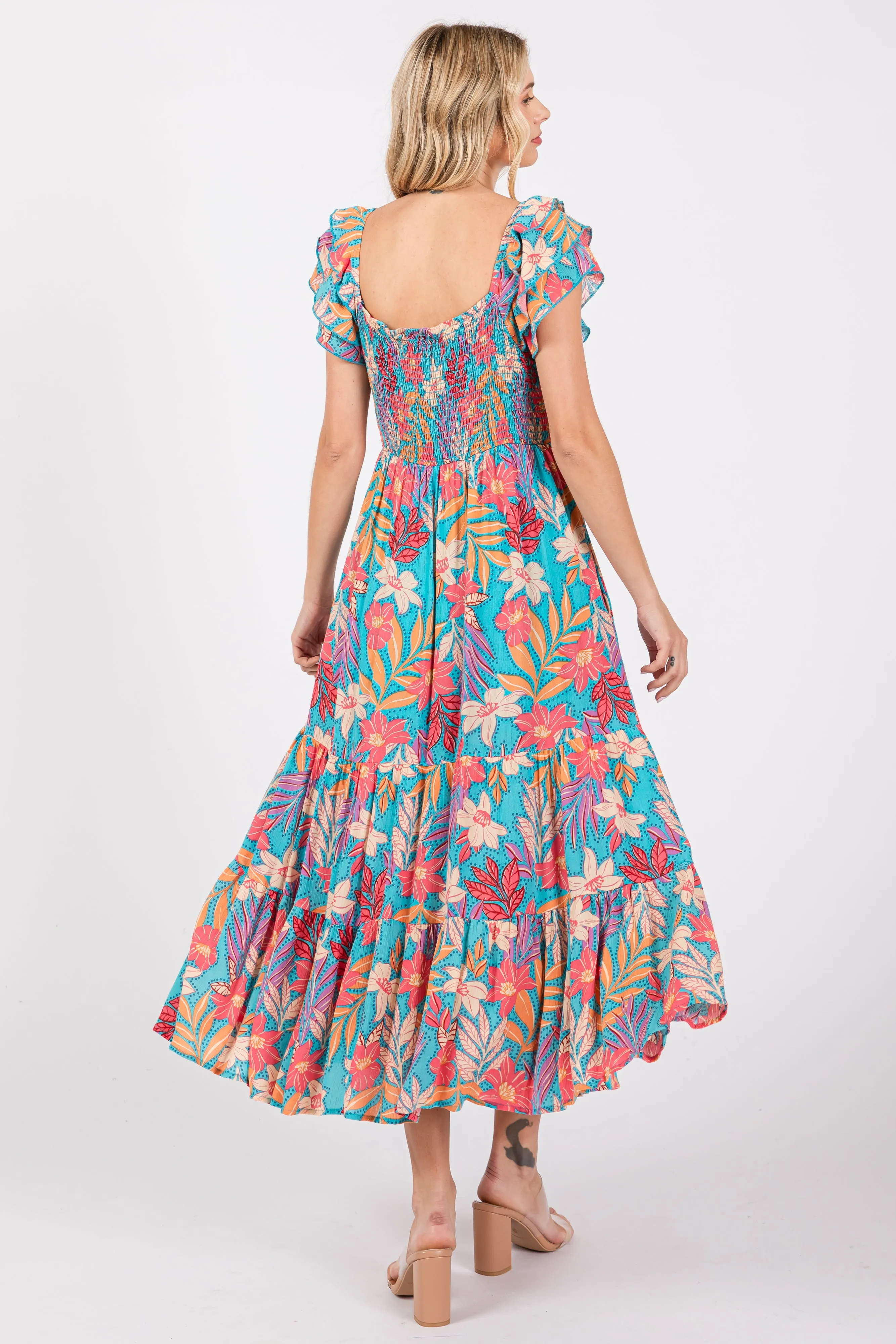 Turquoise Floral Ruffle Sleeve Midi Dress sold by Pinkblush product image thumbnail 3