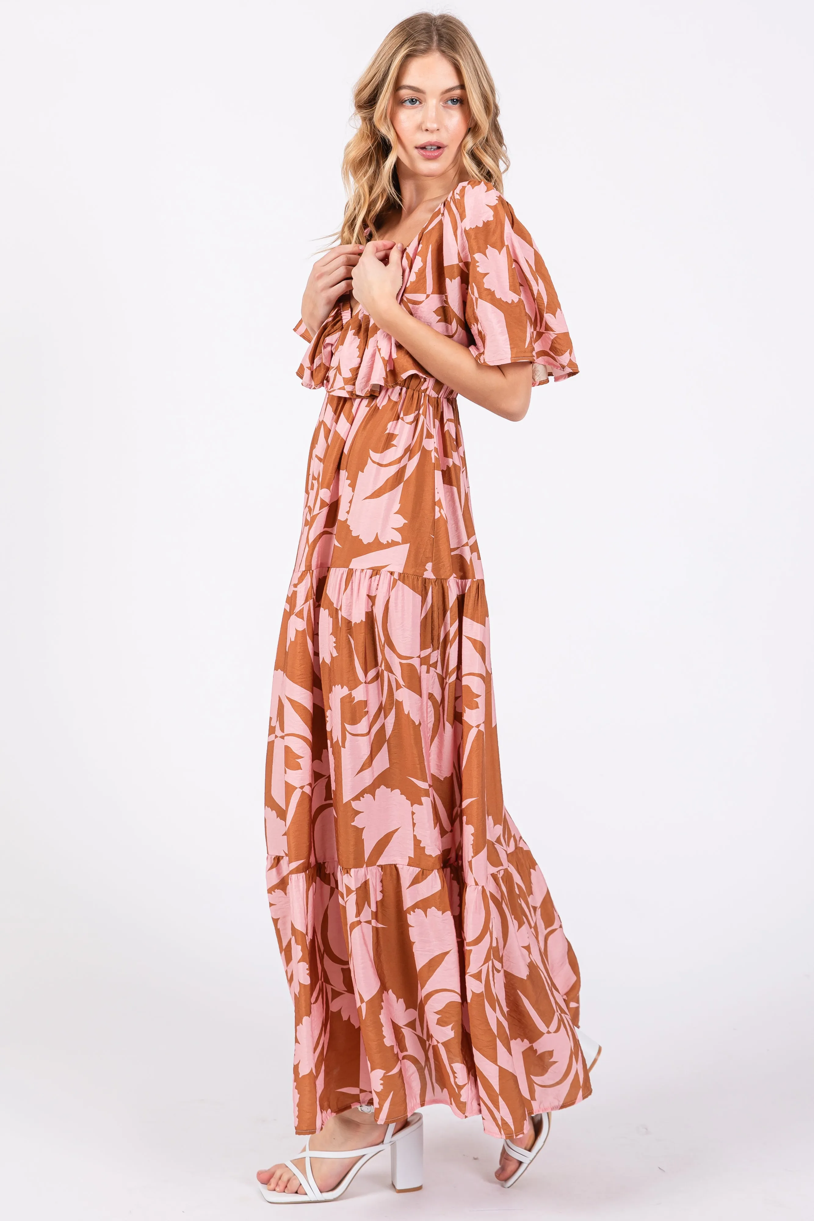Pink Floral Deep V-Neck Ruffle Midi Dress sold by Pinkblush product image thumbnail 2