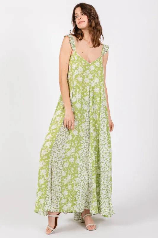 Lime Floral Ruffle Shoulder Cut-Out Back Maxi Dress sold by Pinkblush