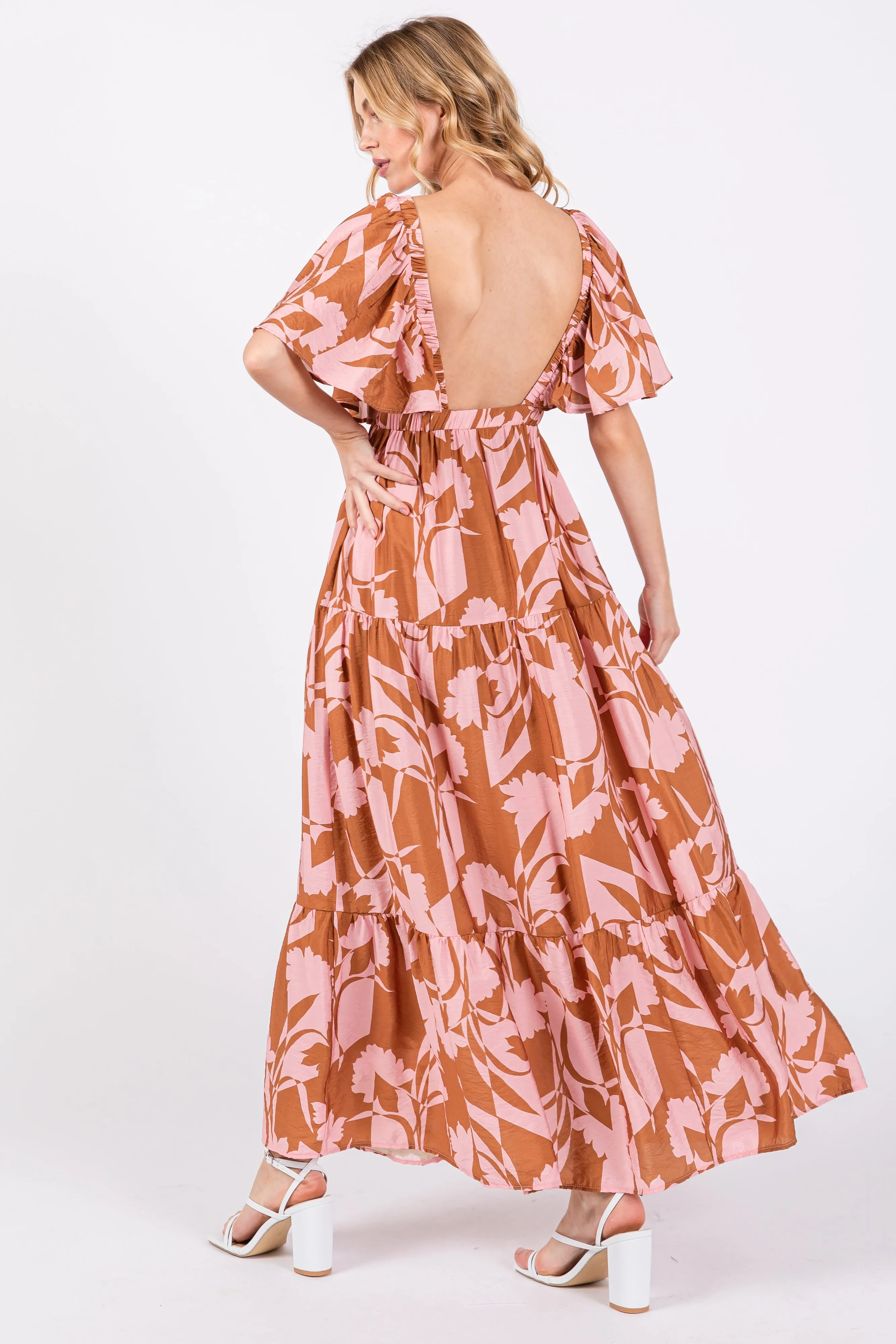 Pink Floral Deep V-Neck Ruffle Midi Dress sold by Pinkblush product image thumbnail 3