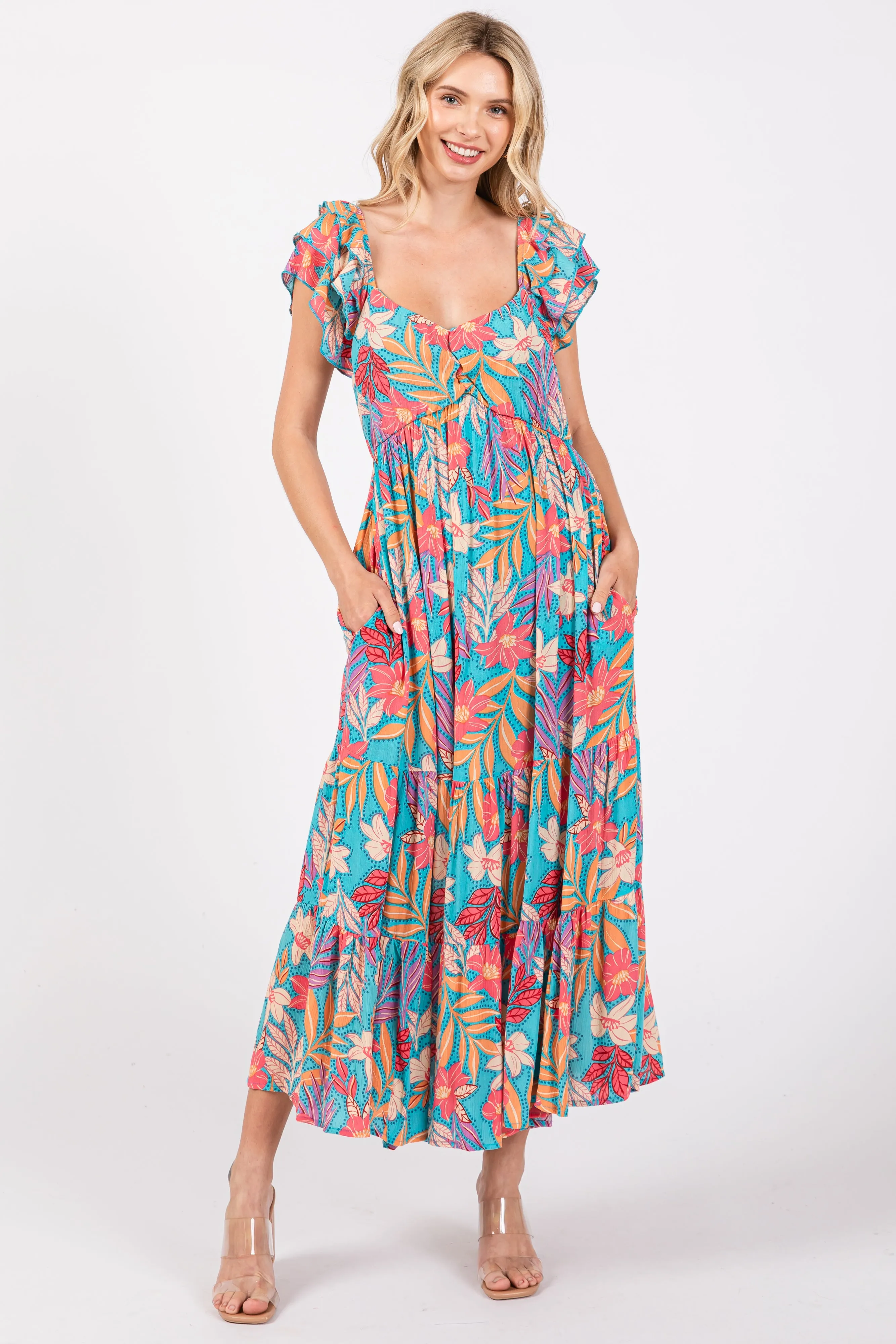 Turquoise Floral Ruffle Sleeve Midi Dress sold by Pinkblush