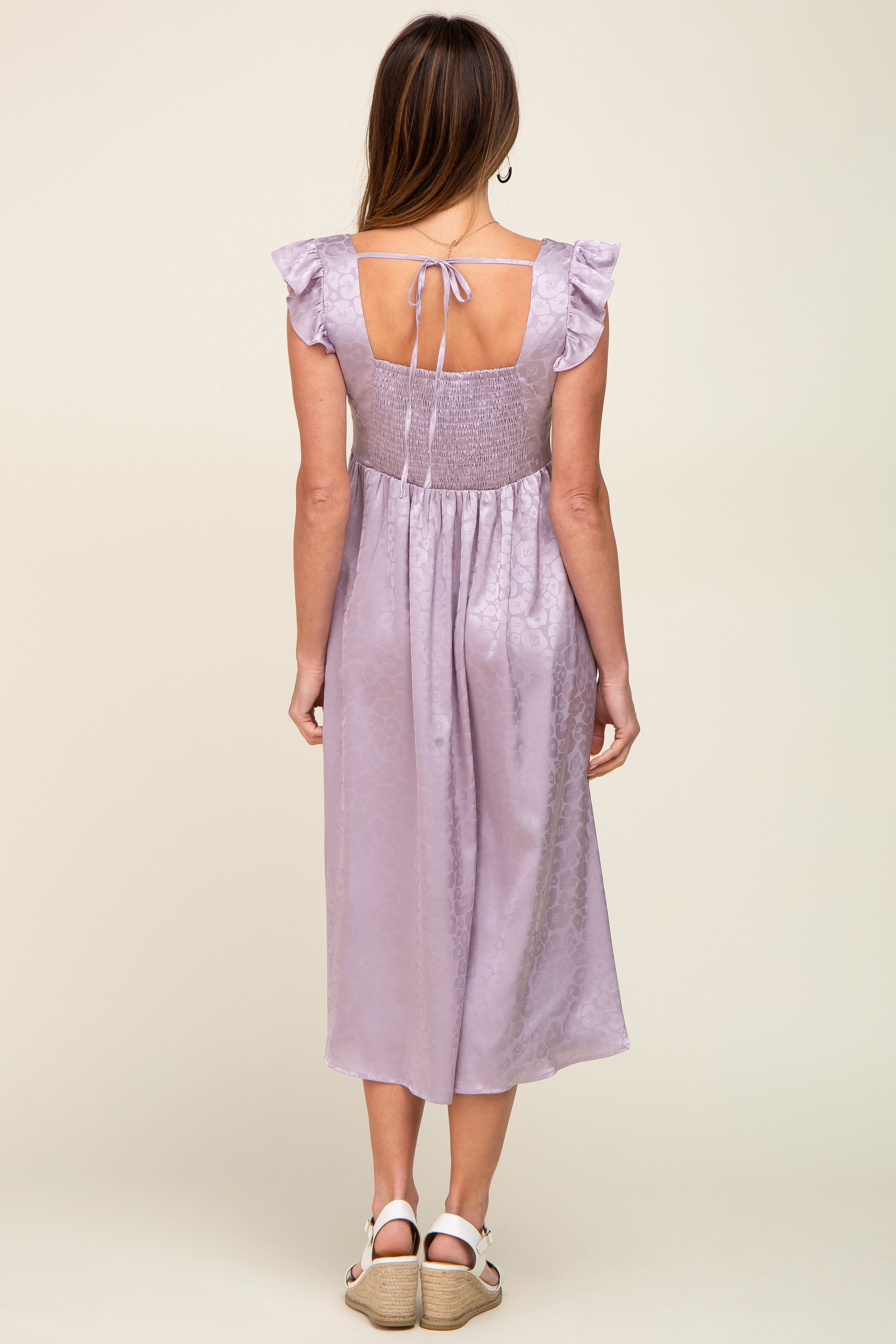 Lavender Satin Floral Square Neck Ruffle Strap Midi Dress sold by Pinkblush product image thumbnail 3