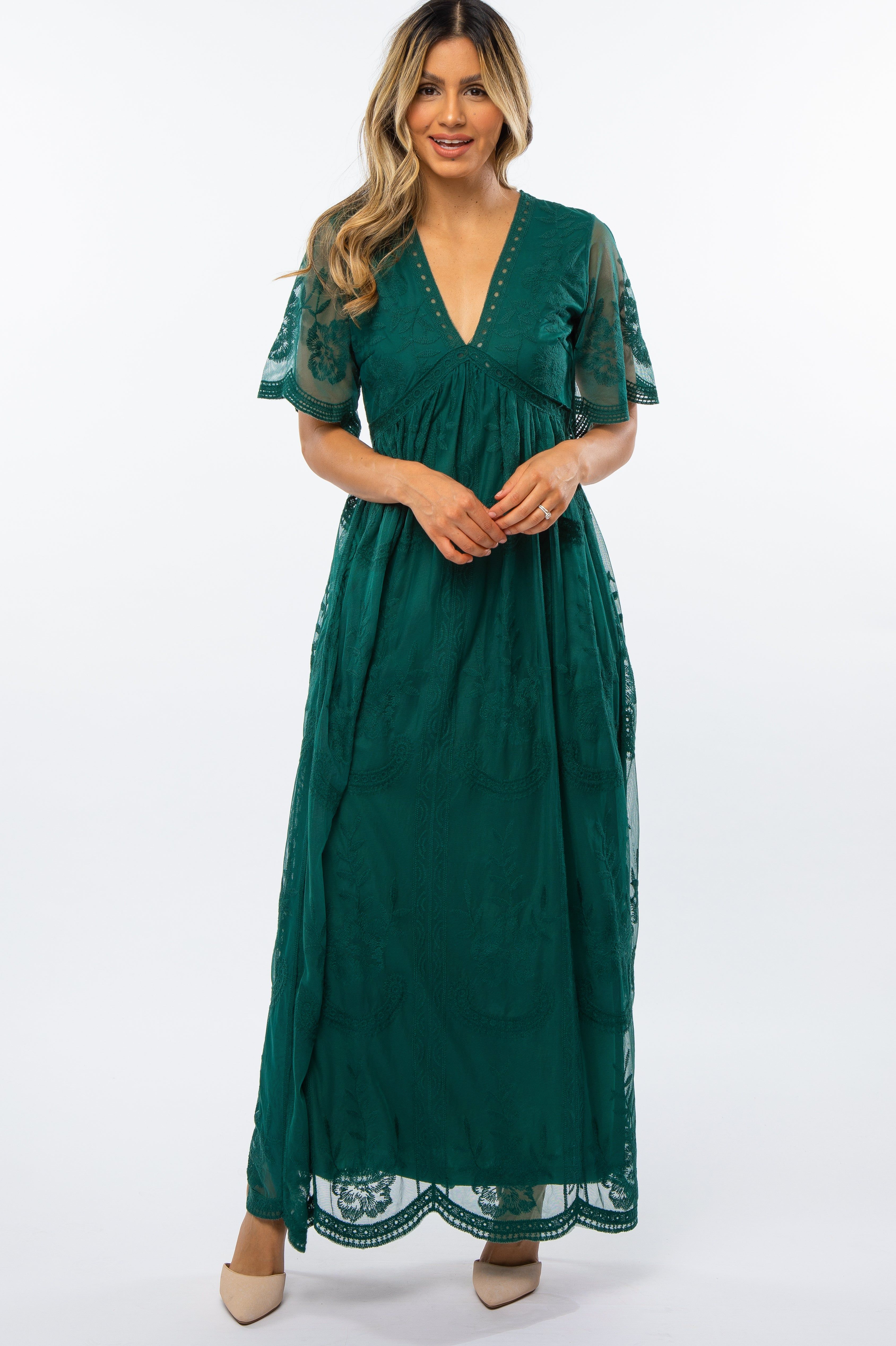 Forest Green Lace Mesh Overlay Maxi Dress sold by Pinkblush