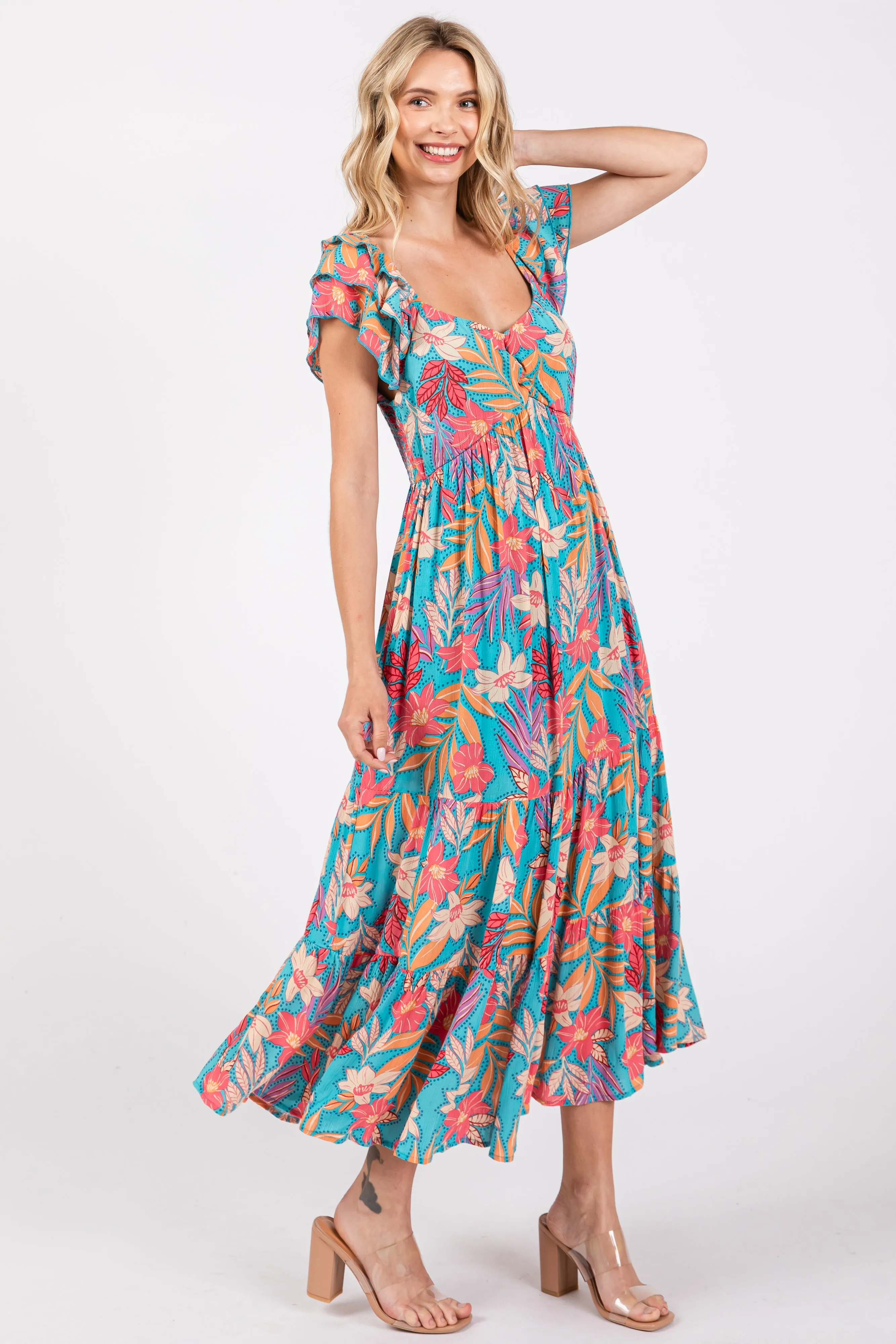 Turquoise Floral Ruffle Sleeve Midi Dress sold by Pinkblush product image thumbnail 2