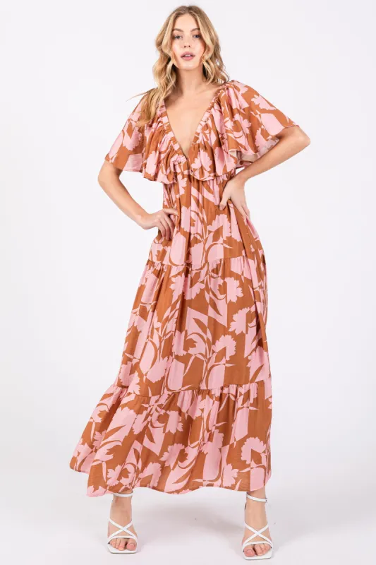 Pink Floral Deep V-Neck Ruffle Midi Dress sold by Pinkblush