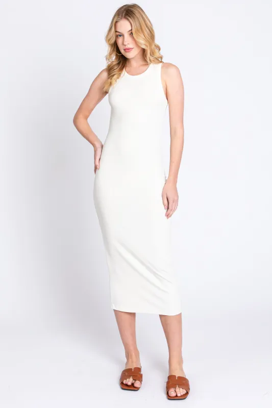 Ivory Sleeveless Ribbed Fitted Midi Dress sold by Pinkblush