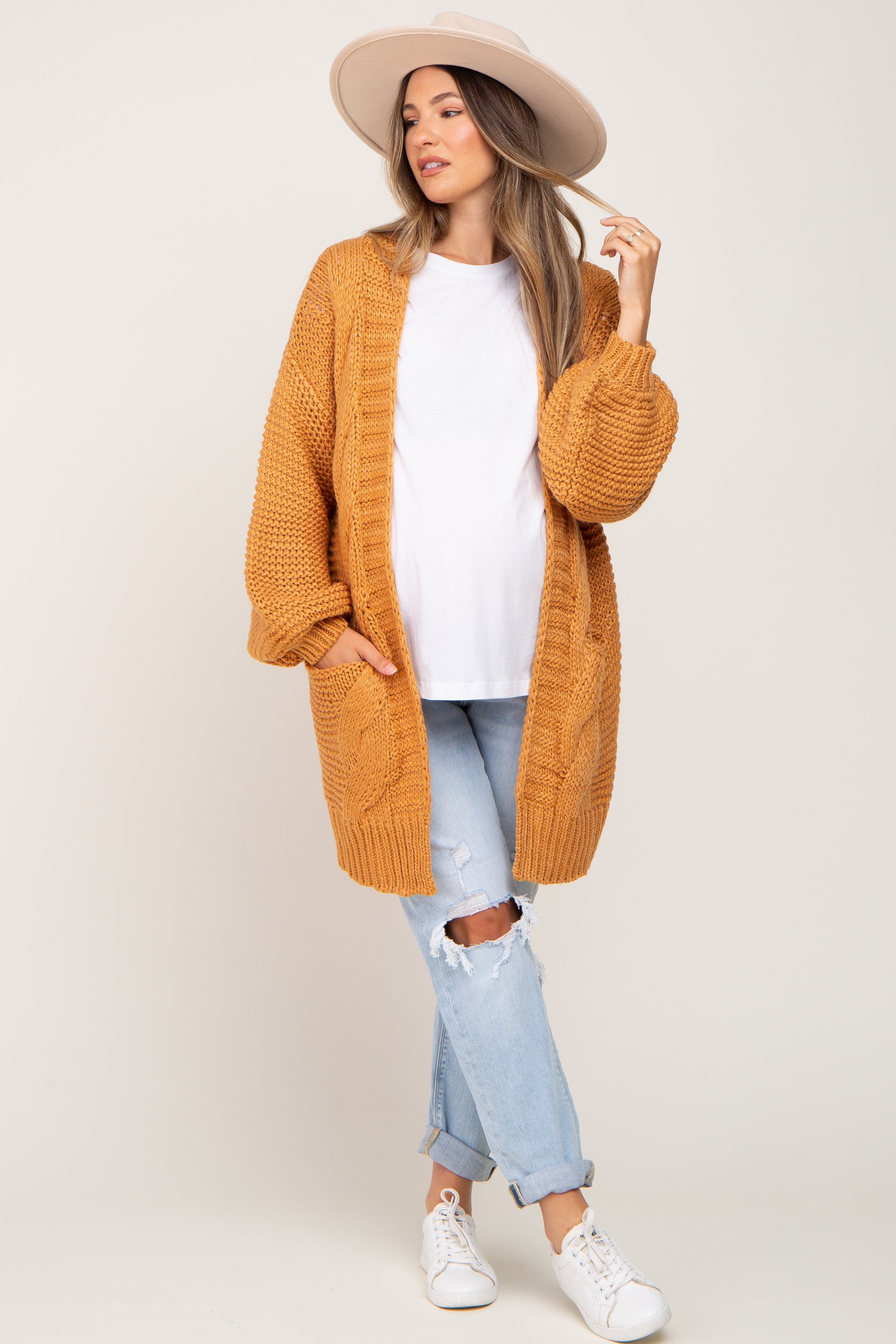 Camel Cable Knit Front Pocket Maternity Cardigan sold by Pinkblush product image thumbnail 4