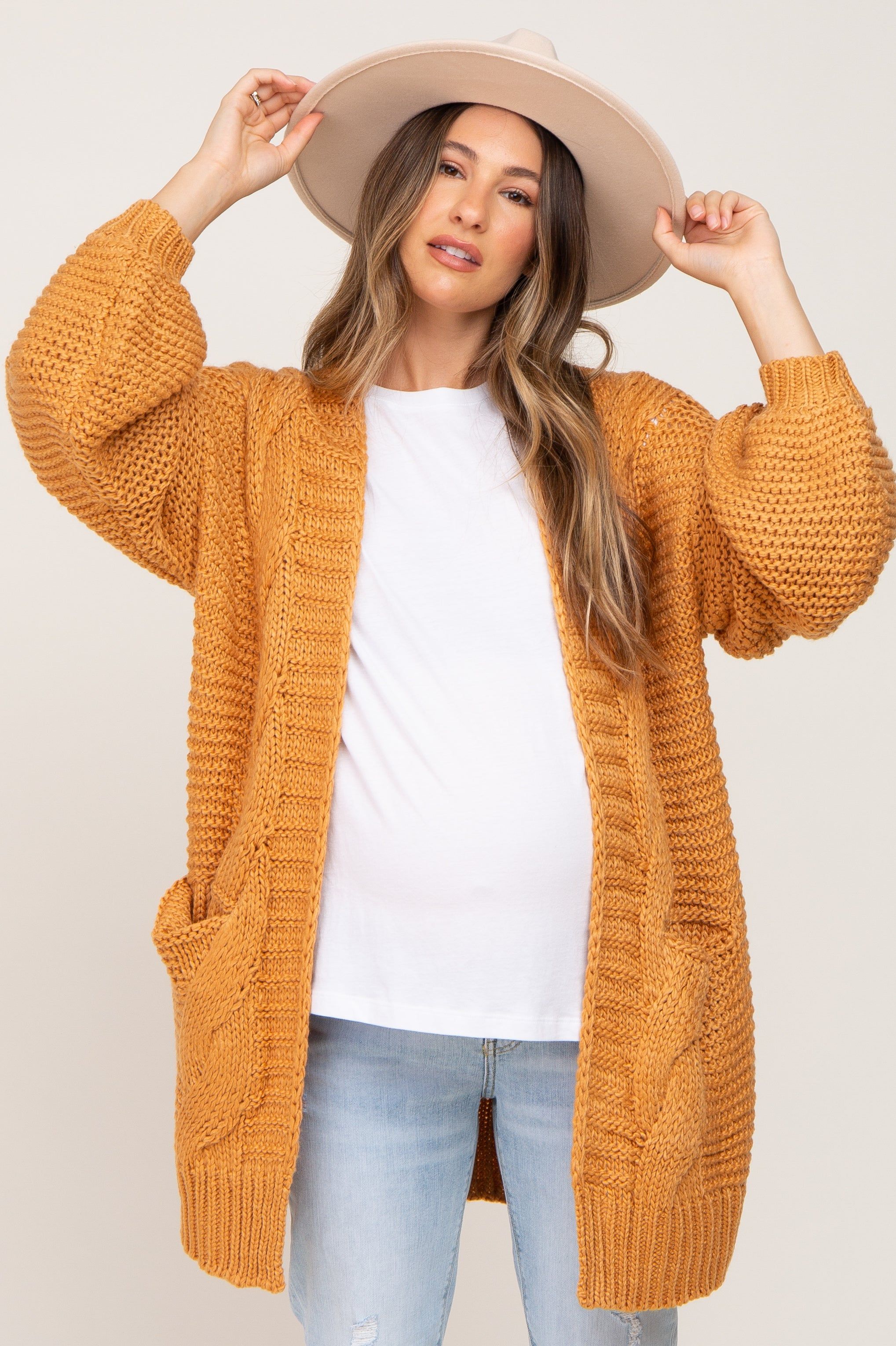 Camel Cable Knit Front Pocket Maternity Cardigan sold by Pinkblush
