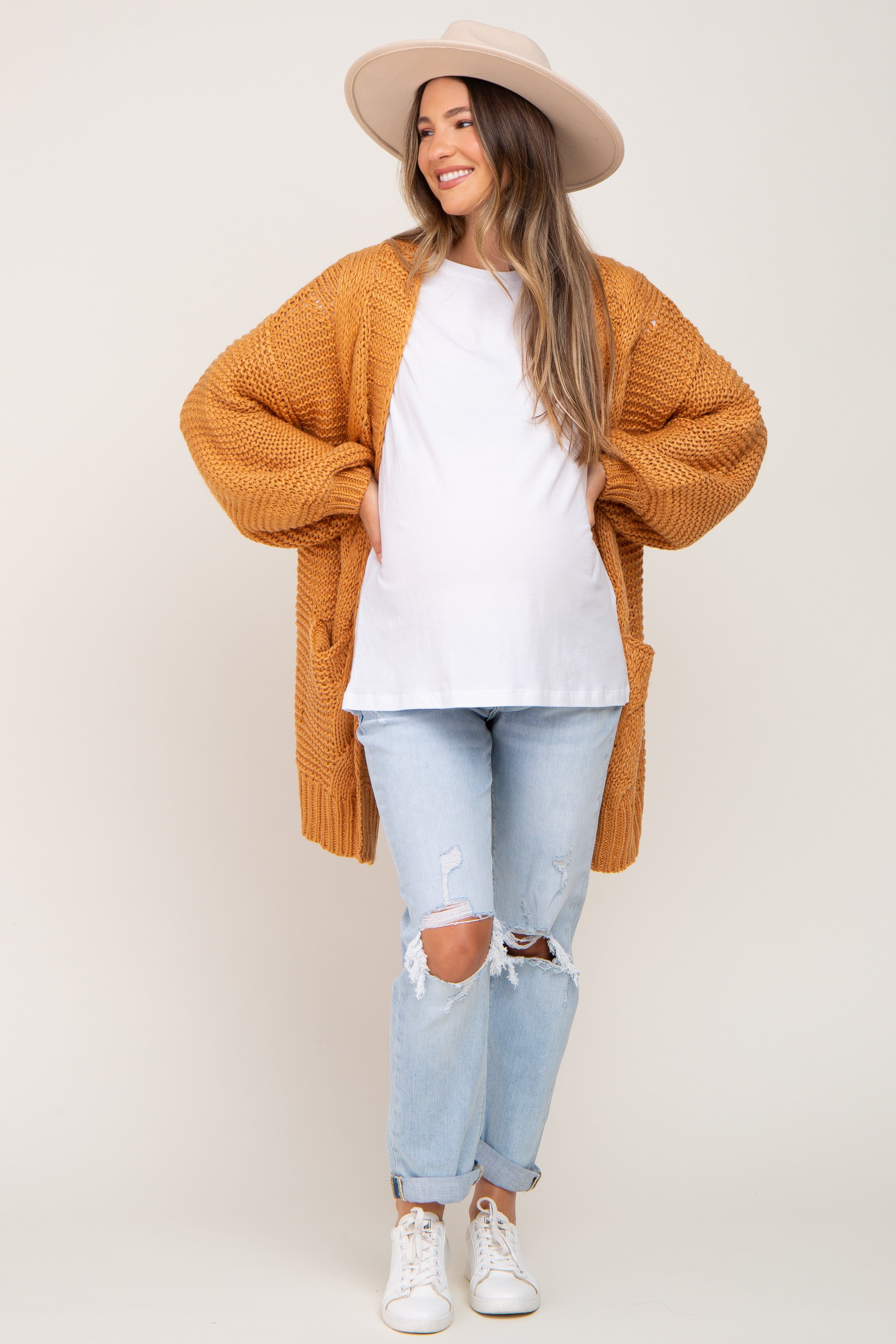 Camel Cable Knit Front Pocket Maternity Cardigan sold by Pinkblush product image thumbnail 5