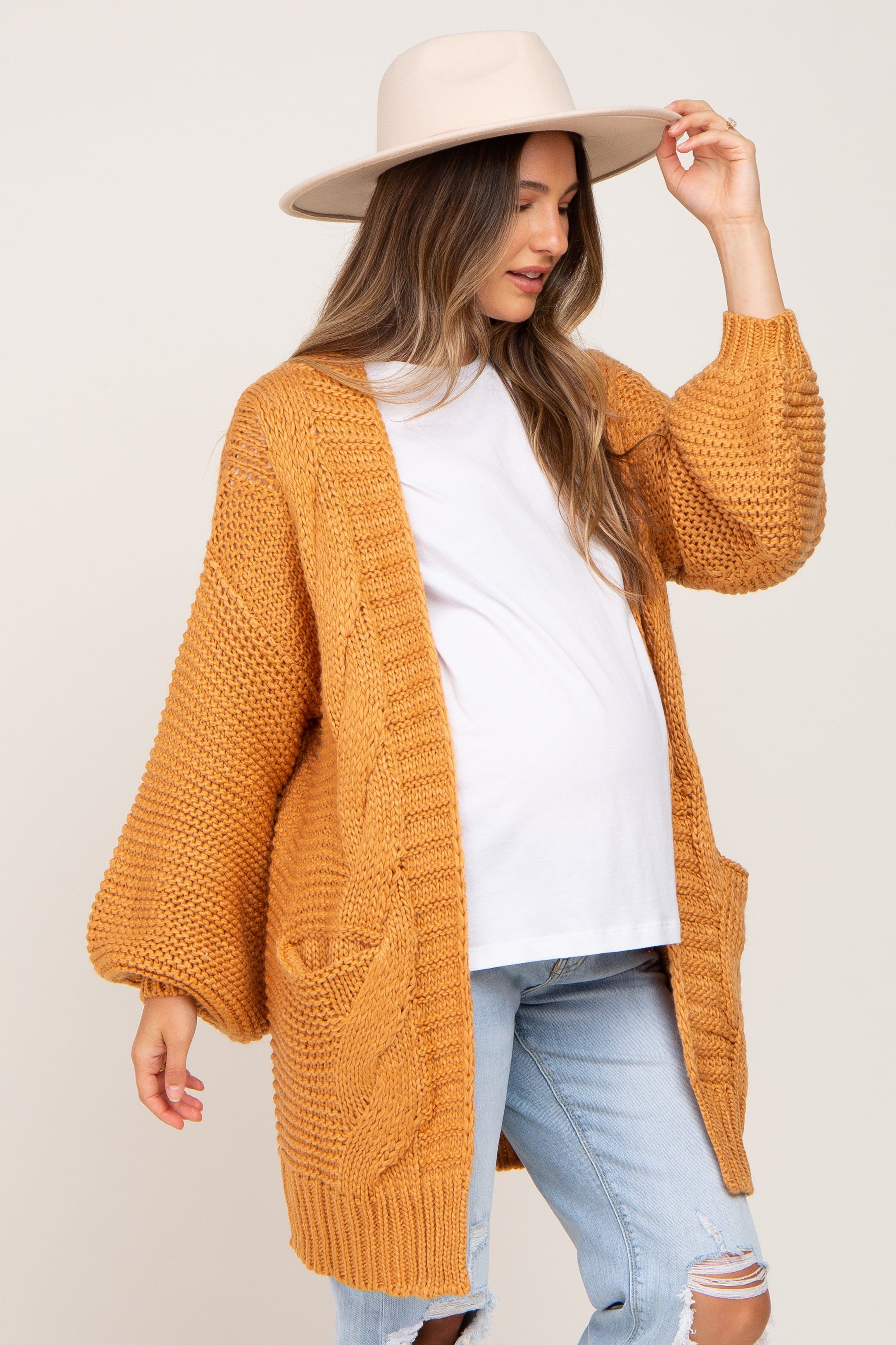 Camel Cable Knit Front Pocket Maternity Cardigan sold by Pinkblush product image thumbnail 2