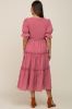 Mauve Smocked Puff Sleeve Tiered Maternity Midi Dress sold by Pinkblush