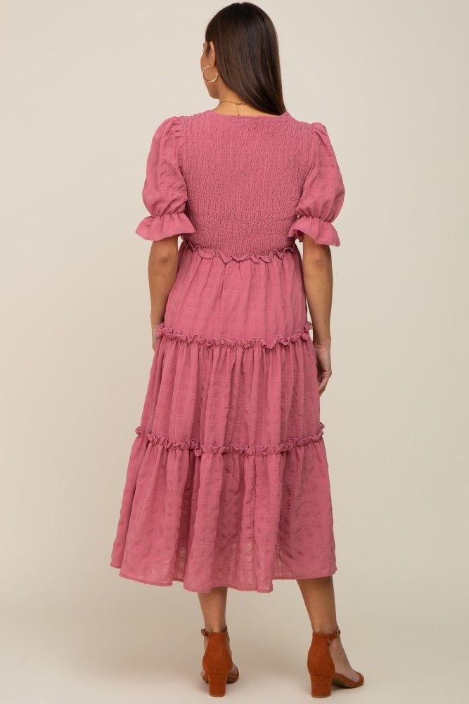 Mauve Smocked Puff Sleeve Tiered Maternity Midi Dress sold by Pinkblush product image thumbnail 3