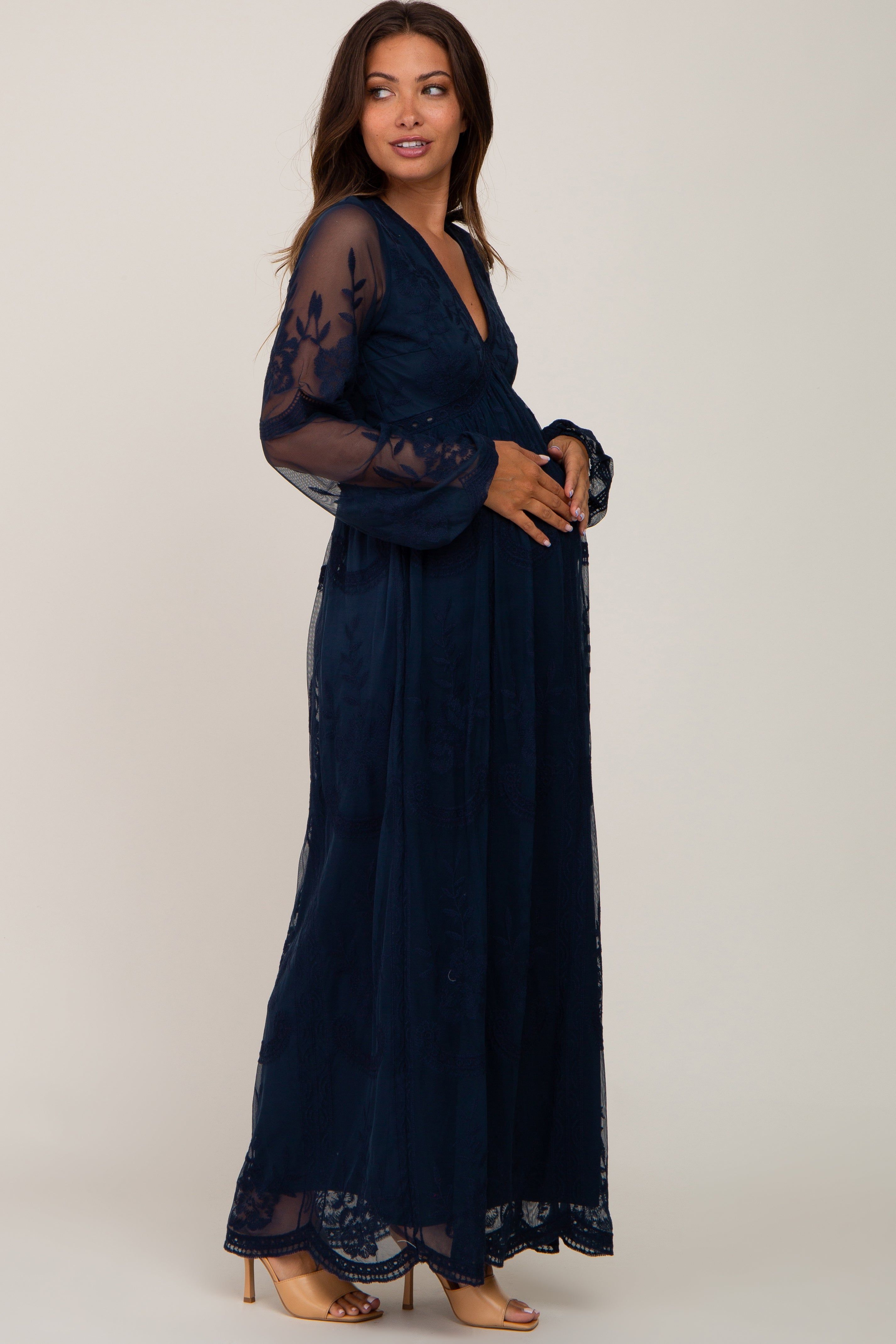 PinkBlush Navy Lace Mesh Overlay Long Sleeve Maternity Maxi Dress sold by Pinkblush product image thumbnail 2