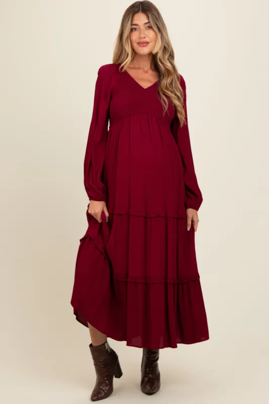 Burgundy Smocked Tiered Maternity Midi Dress made by Pinkblush