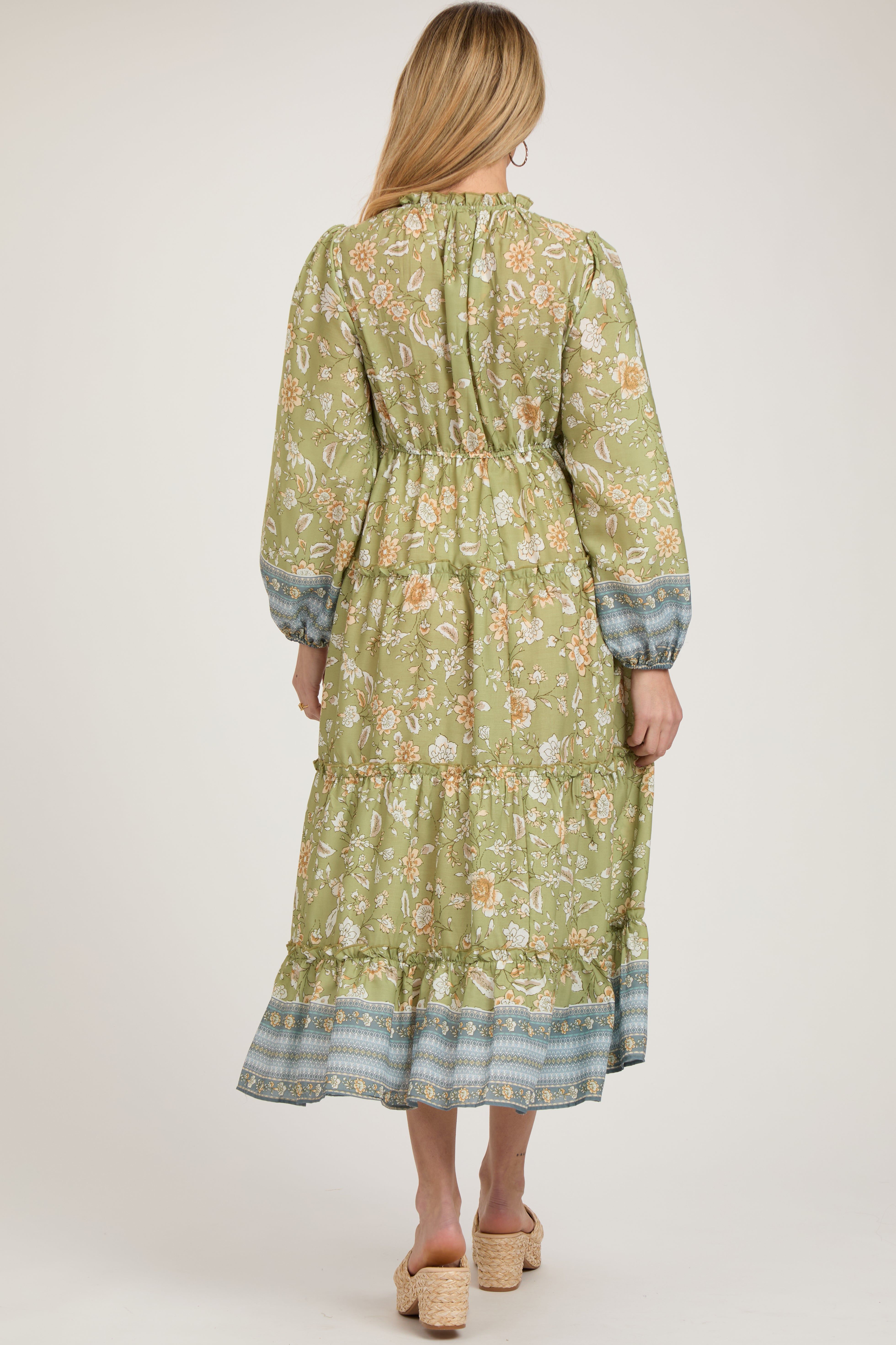 Light Green Floral Deep V-Neck Long Sleeve Maternity Midi Dress sold by Pinkblush product image thumbnail 4