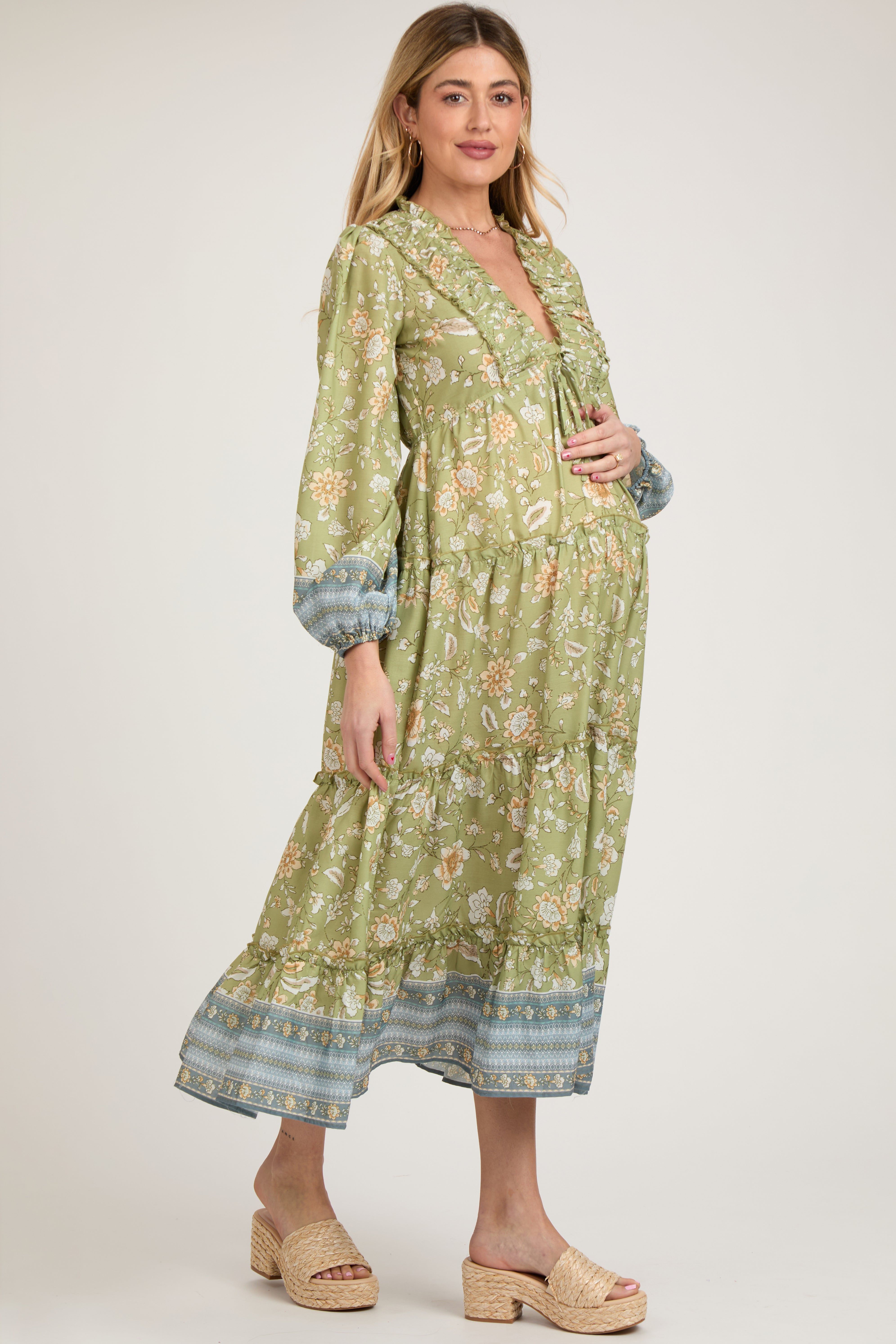 Light Green Floral Deep V-Neck Long Sleeve Maternity Midi Dress sold by Pinkblush product image thumbnail 2