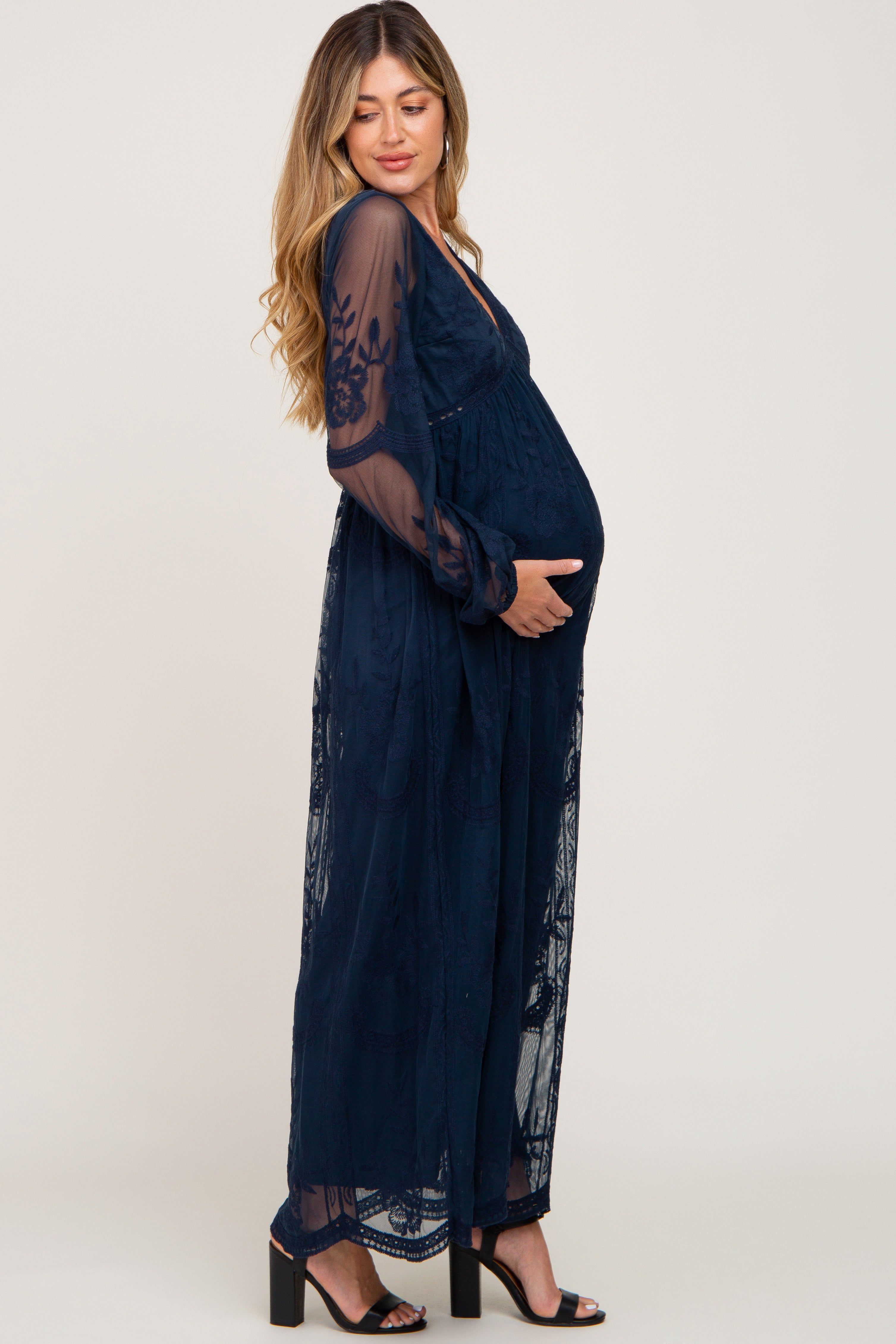 PinkBlush Navy Lace Mesh Overlay Long Sleeve Maternity Maxi Dress sold by Pinkblush product image thumbnail 5
