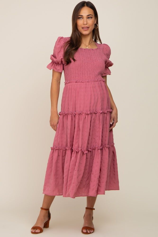 Mauve Smocked Puff Sleeve Tiered Maternity Midi Dress sold by Pinkblush product image thumbnail 4
