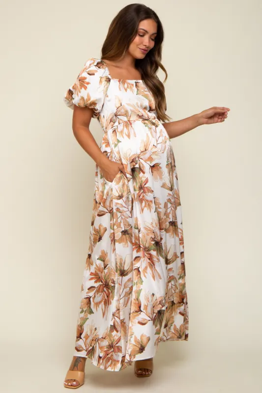Cream Floral Satin Puff Sleeve Maternity Maxi Dress sold by Pinkblush