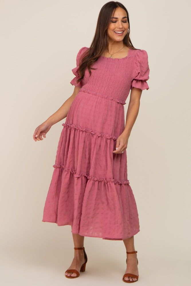 Mauve Smocked Puff Sleeve Tiered Maternity Midi Dress sold by Pinkblush product image thumbnail 5