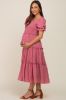 Mauve Smocked Puff Sleeve Tiered Maternity Midi Dress sold by Pinkblush