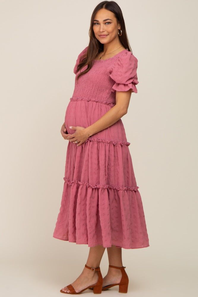 Mauve Smocked Puff Sleeve Tiered Maternity Midi Dress sold by Pinkblush product image thumbnail 2