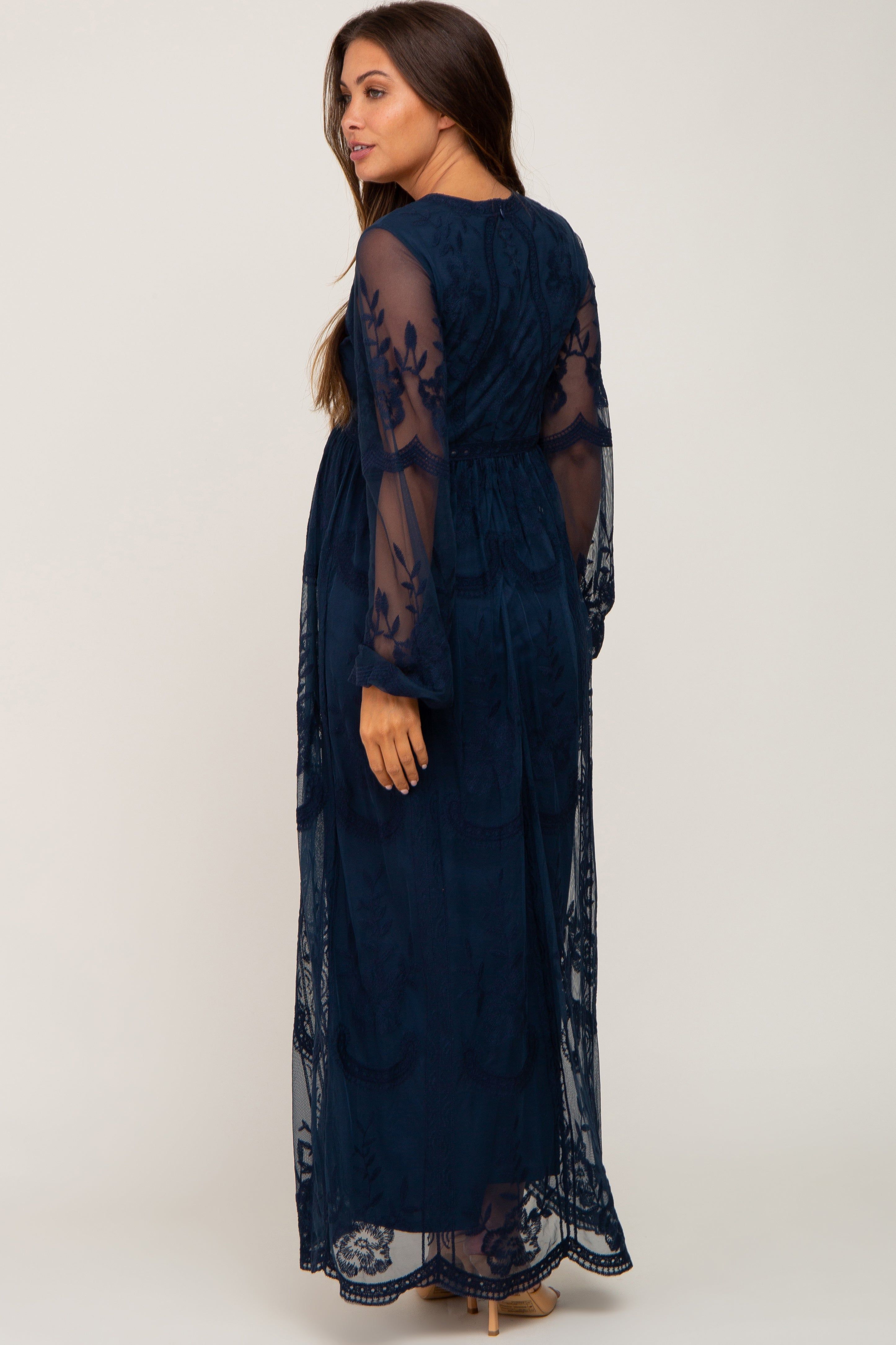 PinkBlush Navy Lace Mesh Overlay Long Sleeve Maternity Maxi Dress sold by Pinkblush product image thumbnail 3