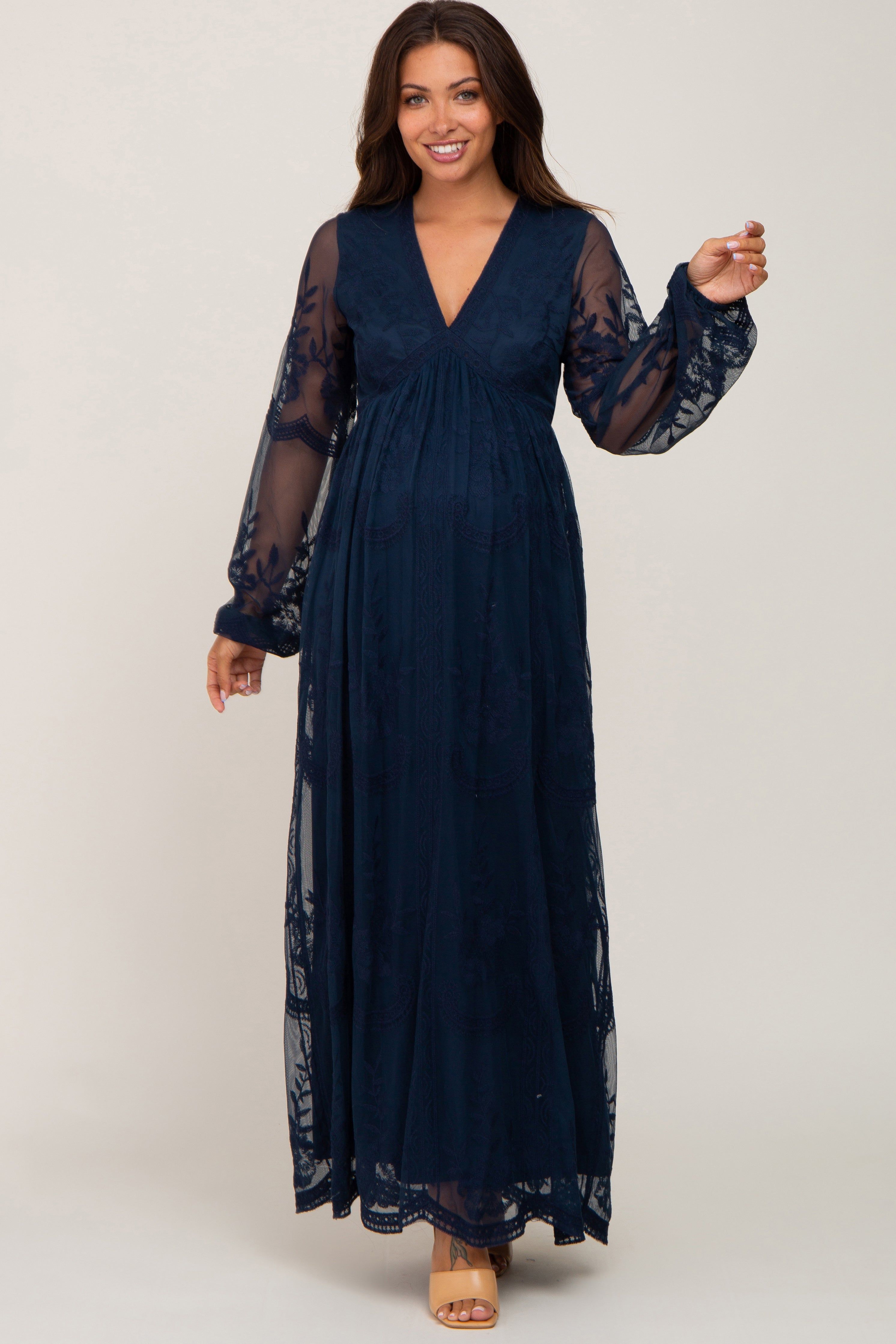 PinkBlush Navy Lace Mesh Overlay Long Sleeve Maternity Maxi Dress sold by Pinkblush