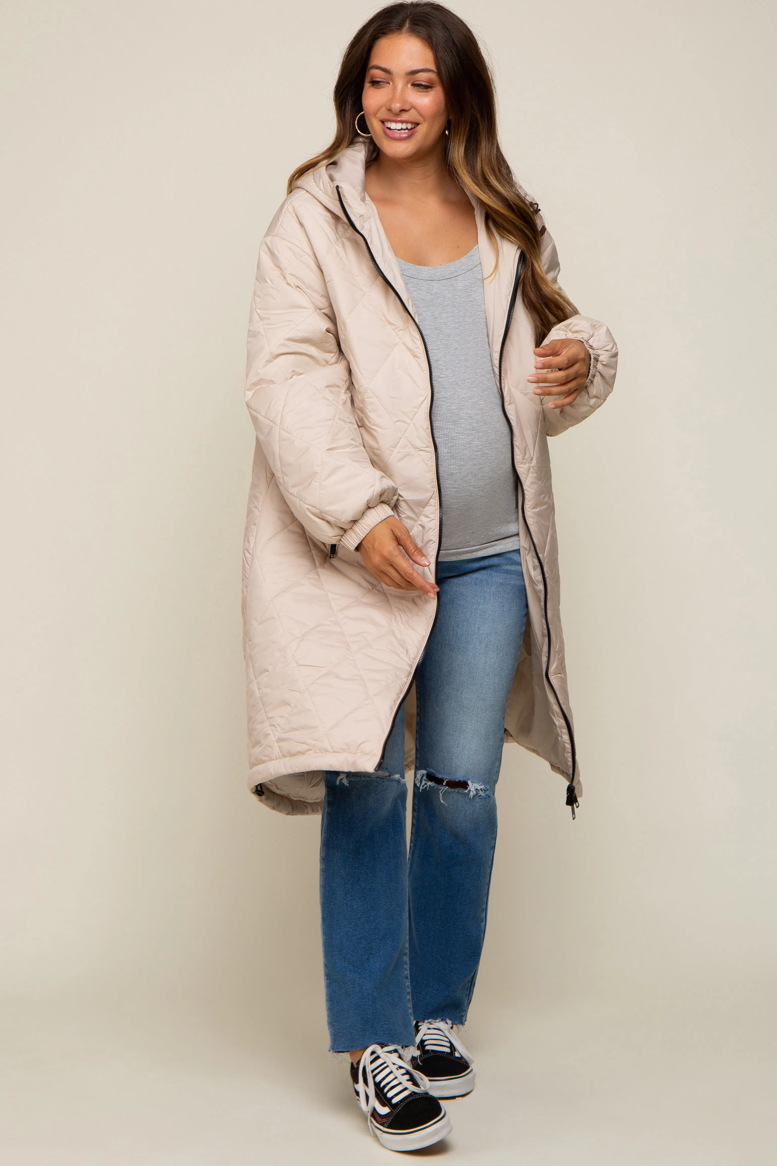 Beige Quilted Long Maternity Puffer Jacket sold by Pinkblush product image thumbnail 2