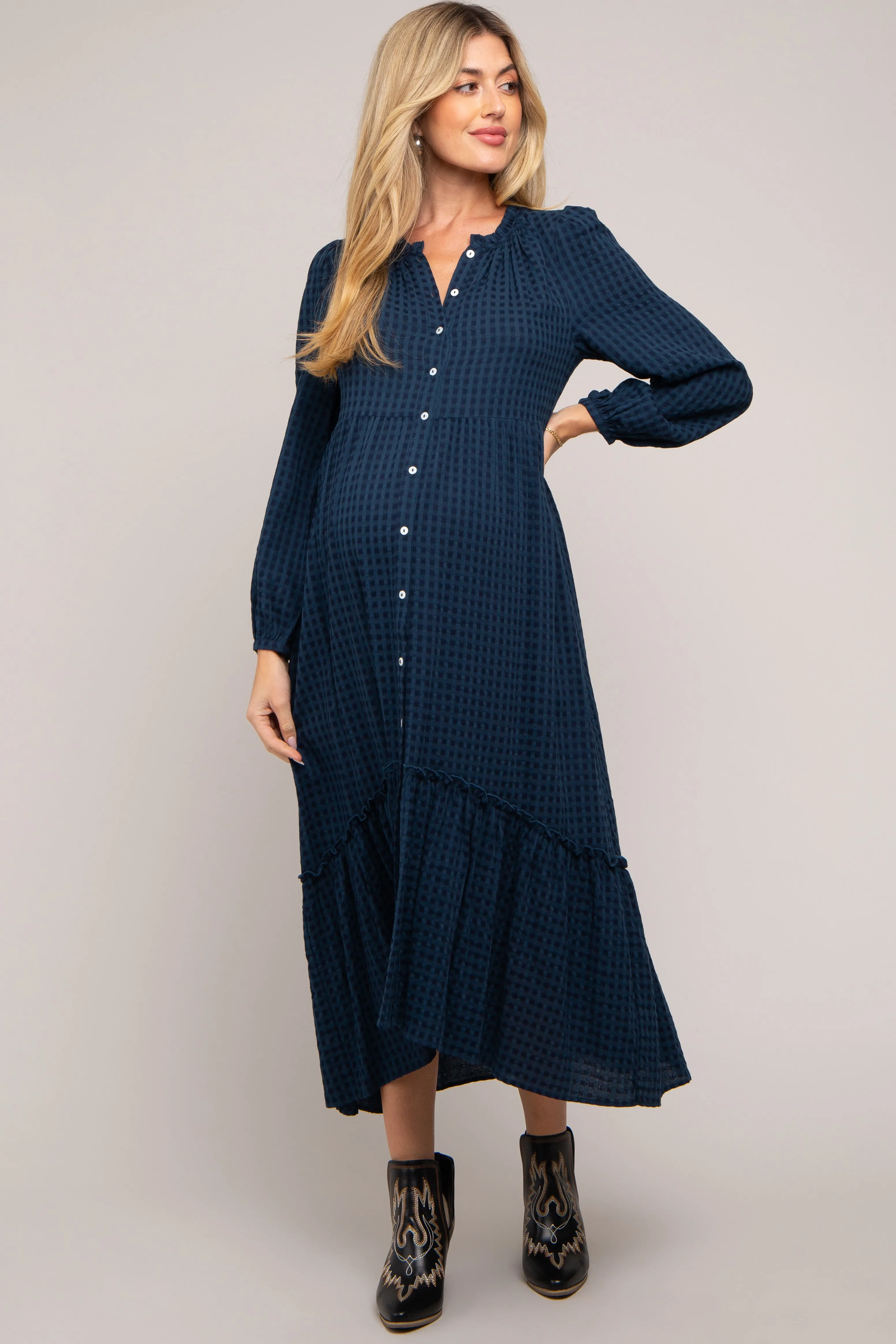 Navy Gingham Button Maternity Midi Dress sold by Pinkblush product image thumbnail 4