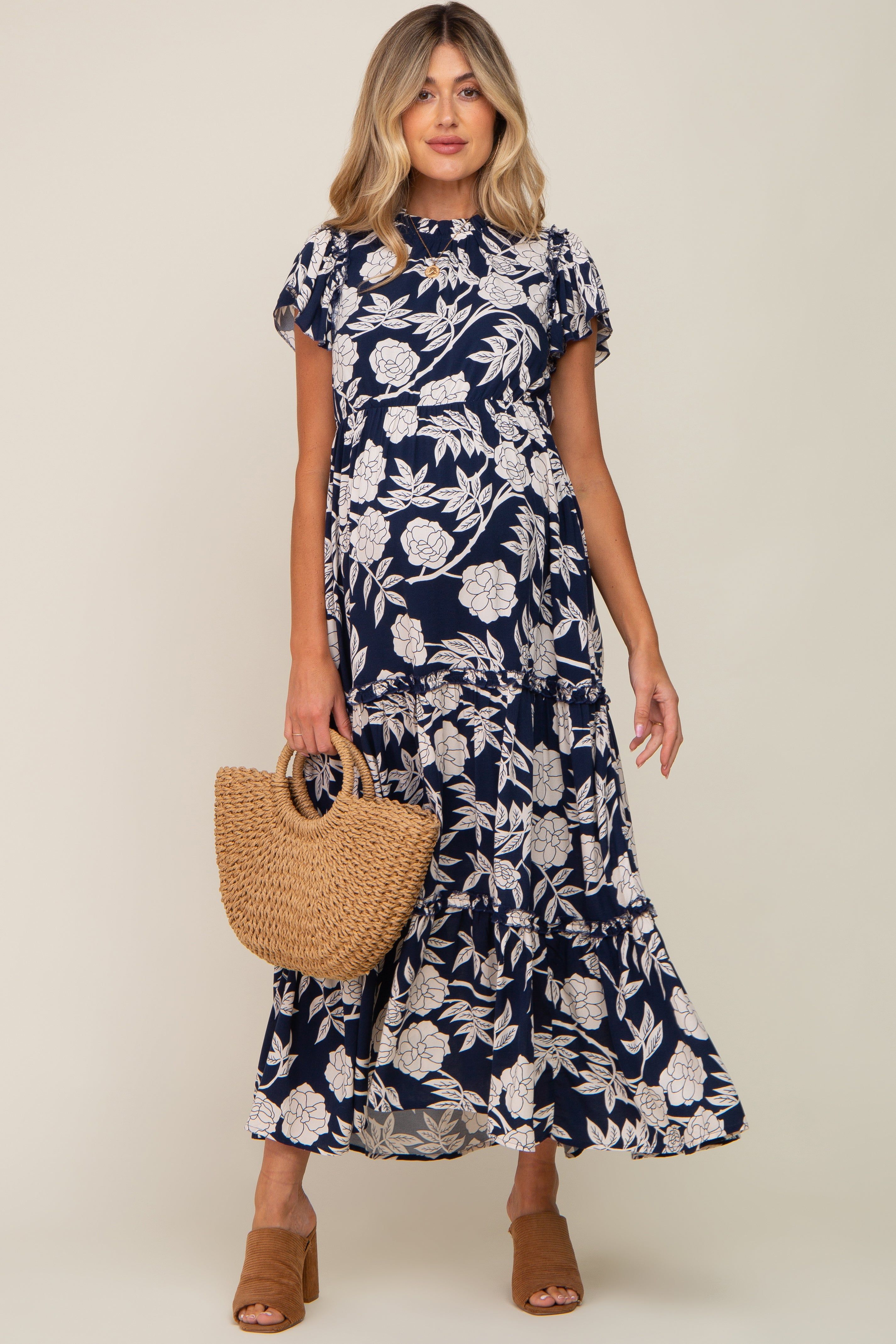 Navy Floral Tiered Ruffle Accent Maternity Maxi Dress sold by Pinkblush product image thumbnail 5
