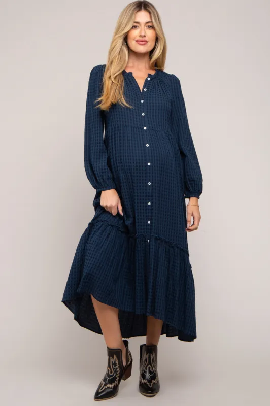 Navy Gingham Button Maternity Midi Dress sold by Pinkblush