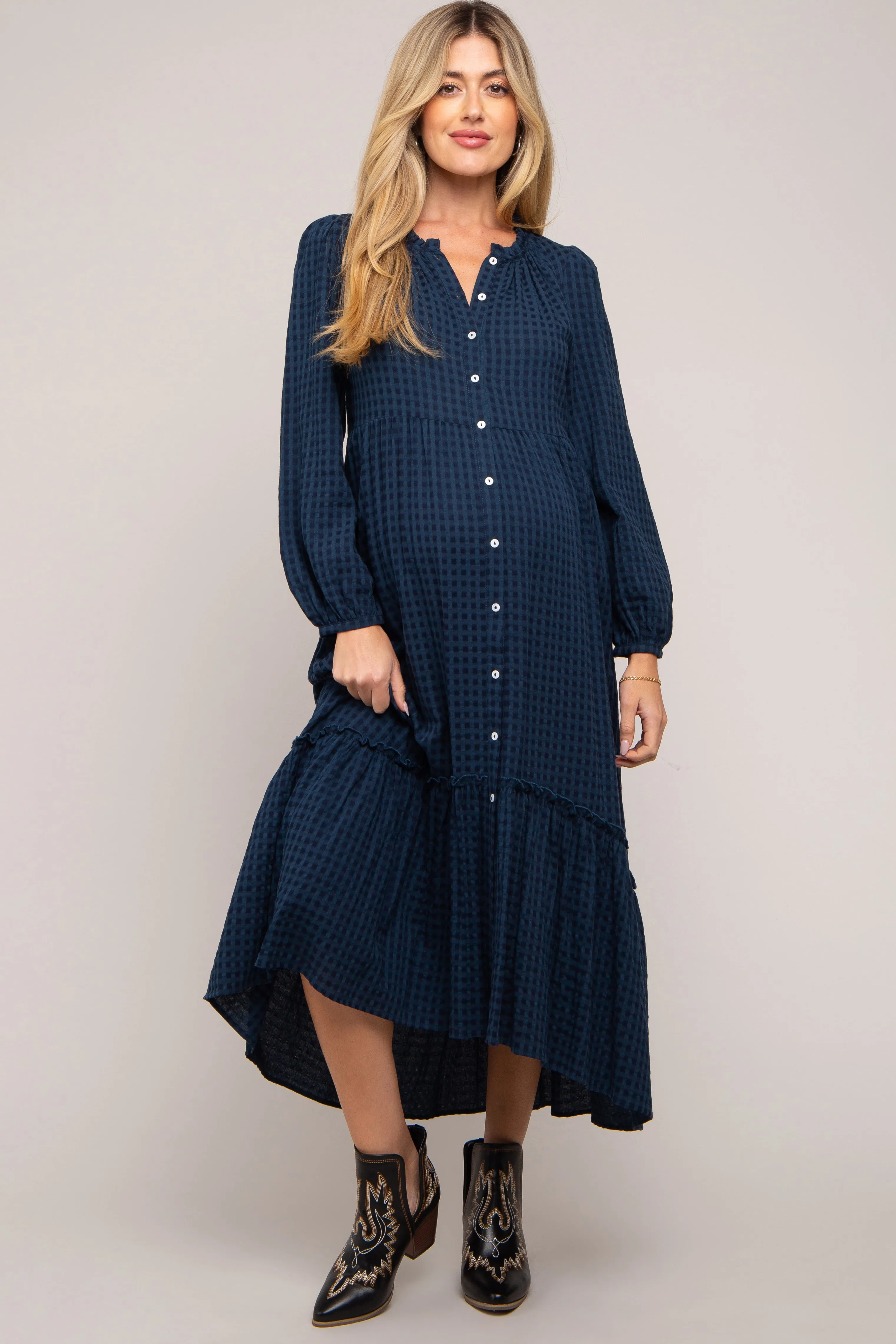 Navy Gingham Button Maternity Midi Dress sold by Pinkblush