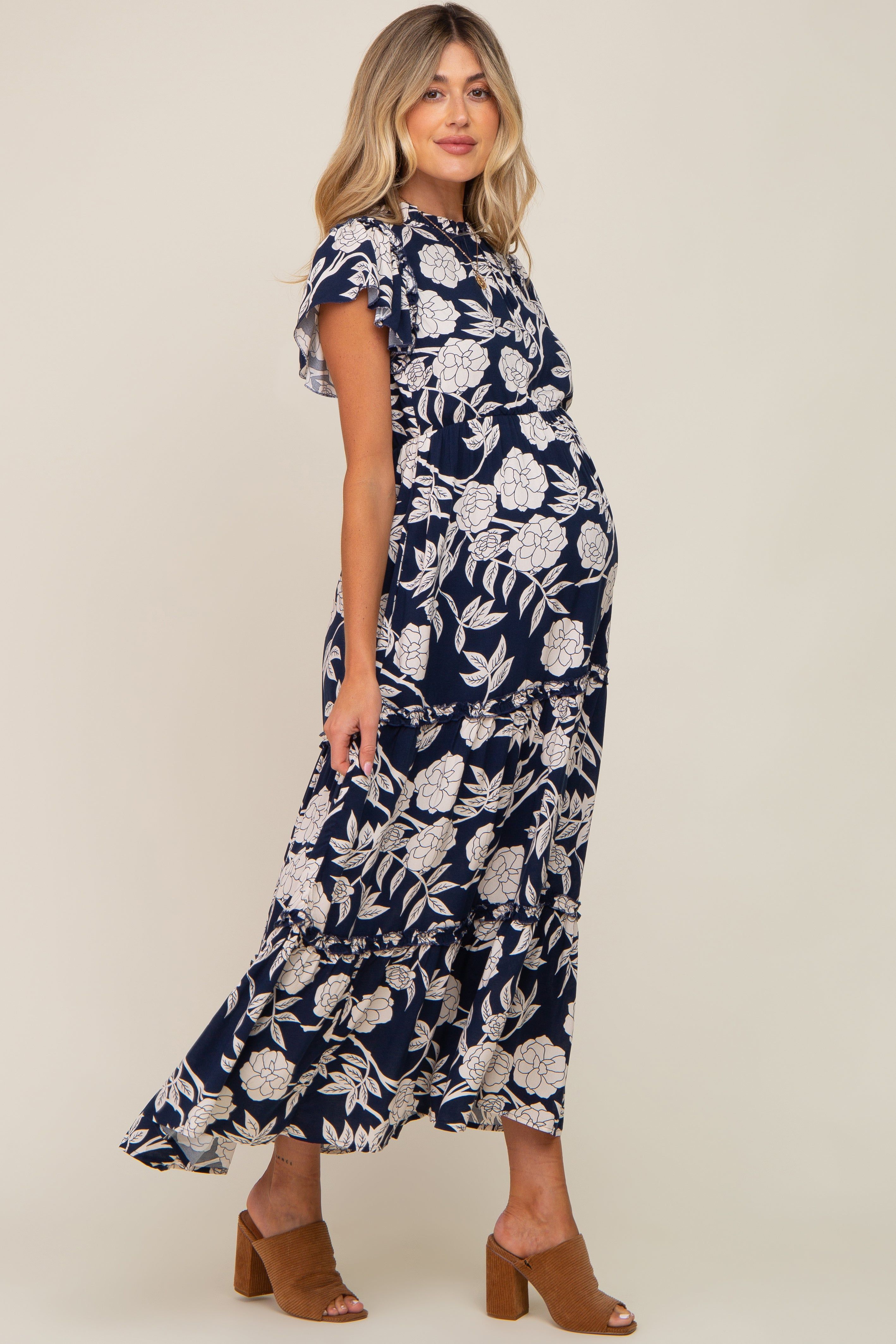 Navy Floral Tiered Ruffle Accent Maternity Maxi Dress sold by Pinkblush product image thumbnail 2