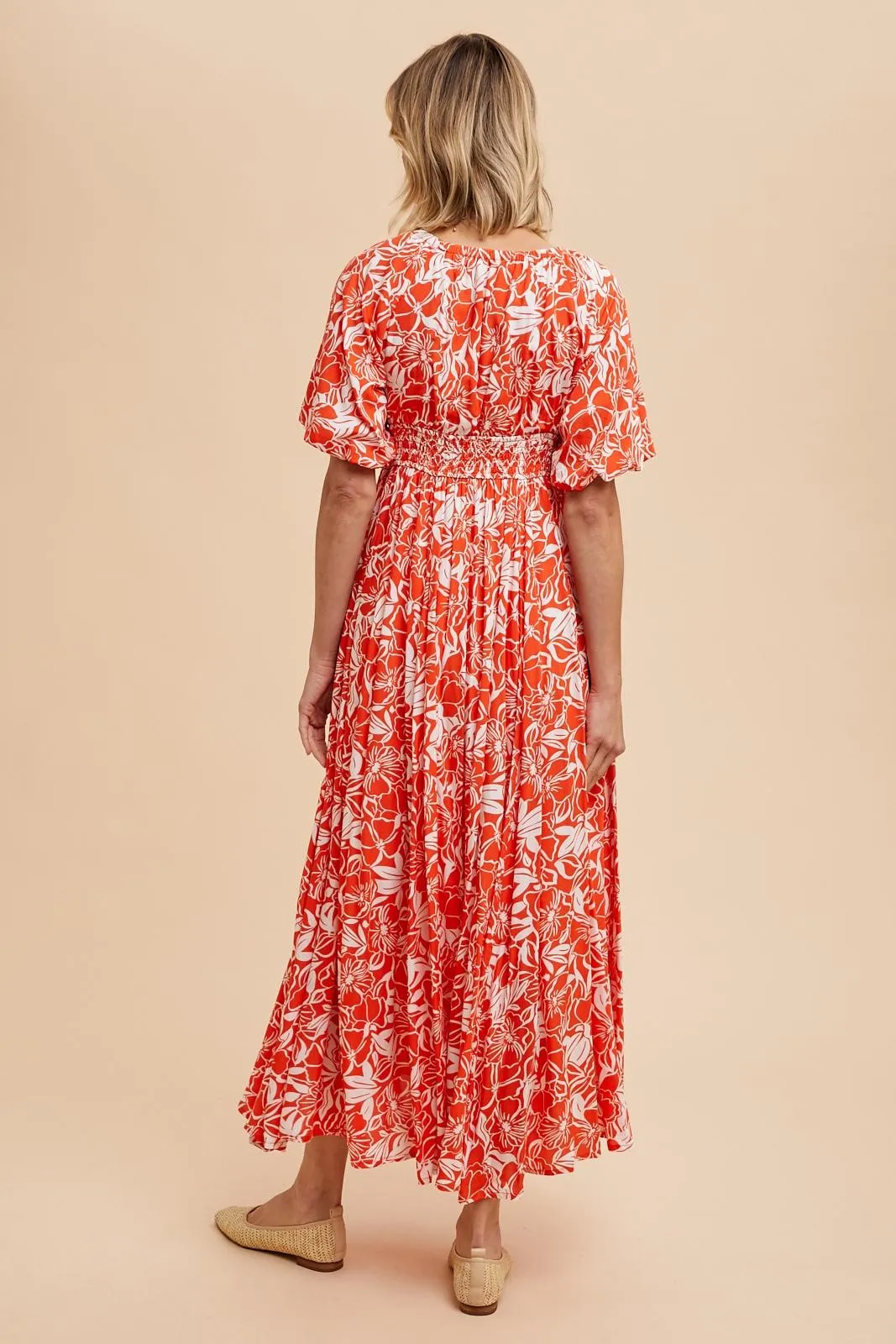 Coral Red Resort Print Puff Sleeve Maxi Dress sold by Pinkblush product image thumbnail 5